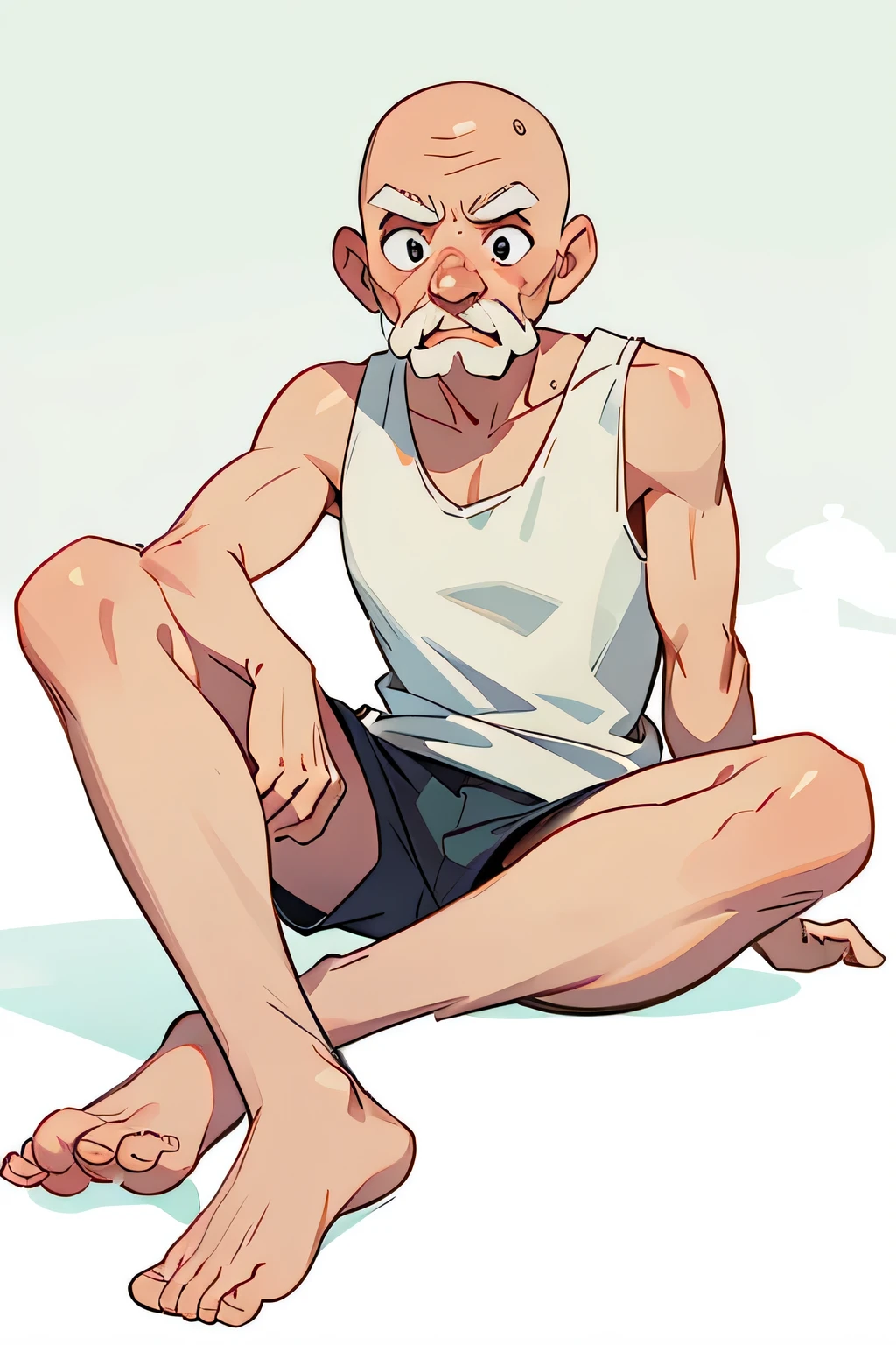 Old man, gentle face, bald head, white tank top, short shorts, bare feet, sitting cross-legged, facing left, [transparent image background]