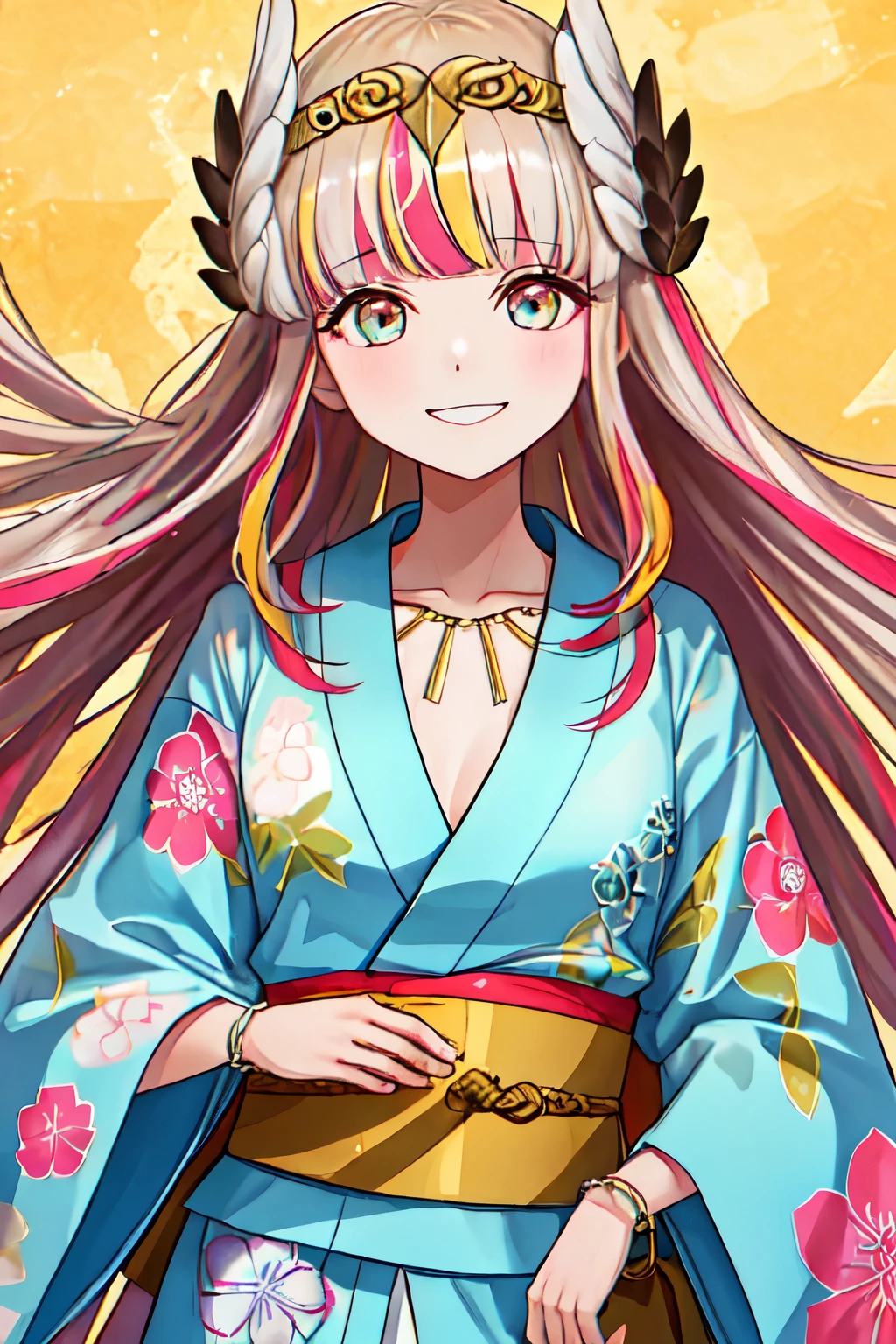 Melhor qualidade, obra de arte, high resolution, Sozinho, {yukata:1.40}, {quimono:1.20}, {circe_fgo:1.15}, pontudo_ouvidos, rosa_cabelo, Head_asas, asas, franja, emplumado_asas, longo_cabelo, joia, Sorriso, seios, colar, corar, pequeno_seios, multicolorido_olhos