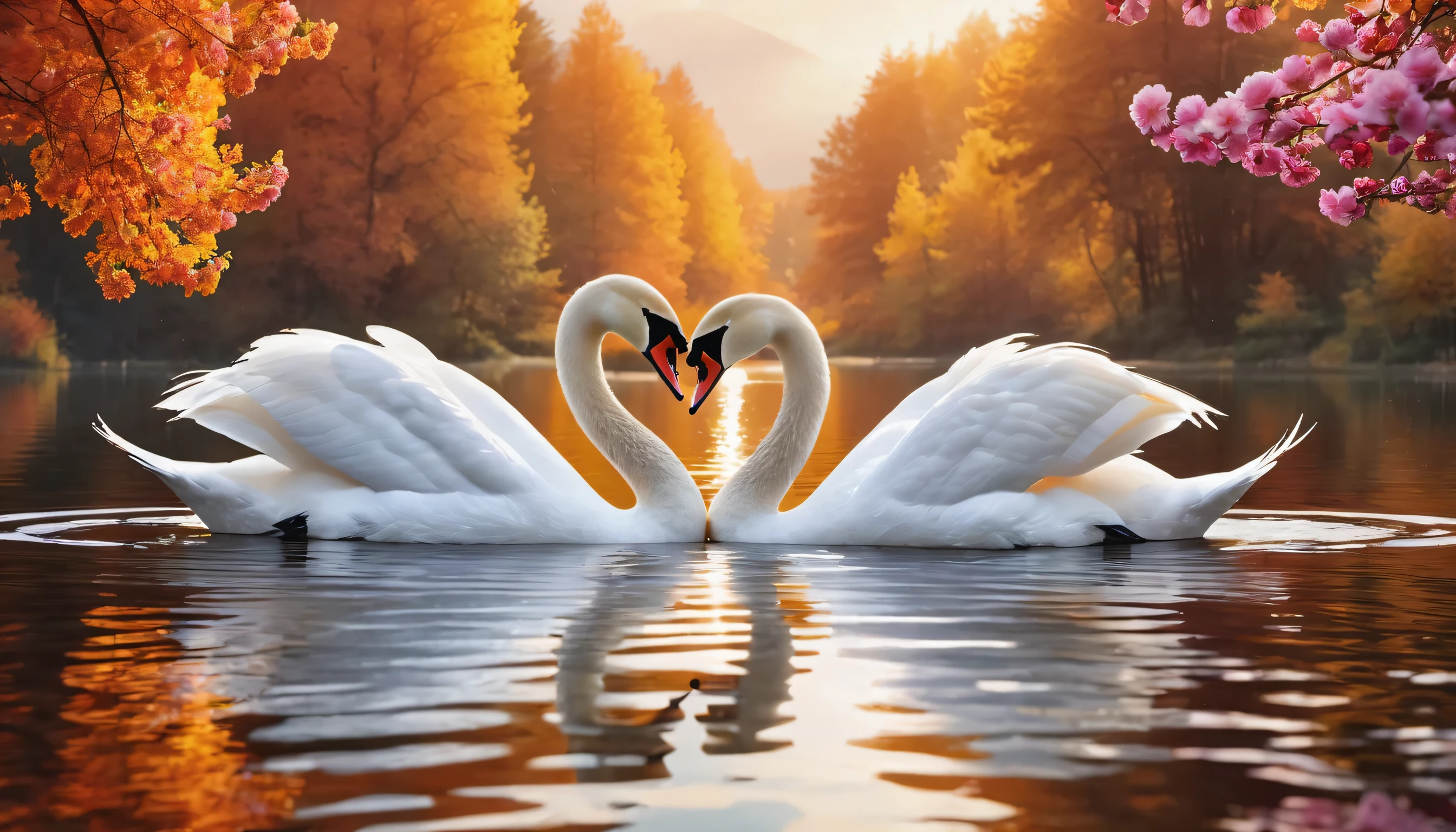 a couple of swans making a heart shape in autumn lake,beautiful swan,stylized swan,romantic scene,heart shape,morning daylight,autumn lake,(best quality,4k,8k,highres,masterpiece:1.2),spring scenery,blossoming rose flowers,vibrant colors,serene atmosphere)