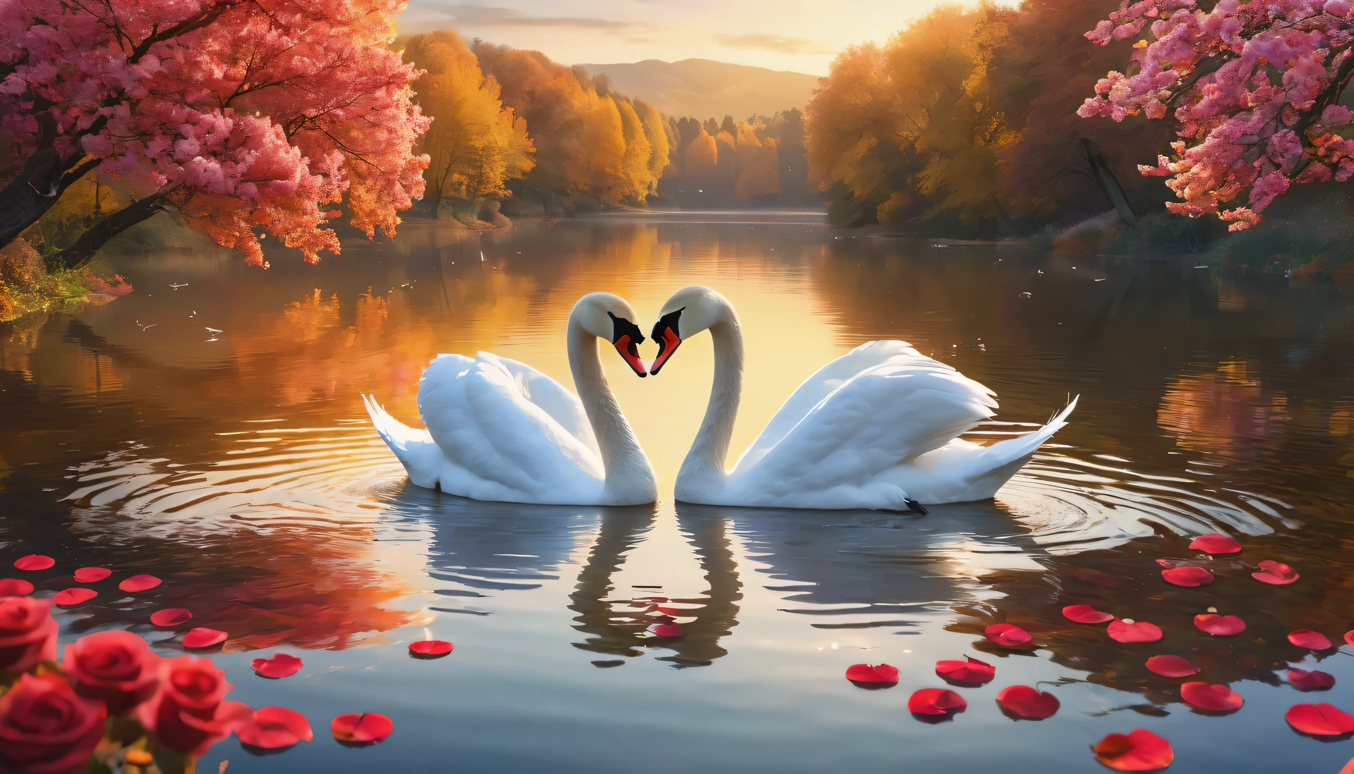 a couple of swans making a heart shape in autumn lake,beautiful swan,stylized swan,romantic scene,heart shape,morning daylight,autumn lake,(best quality,4k,8k,highres,masterpiece:1.2),spring scenery,blossoming rose flowers,vibrant colors,serene atmosphere)