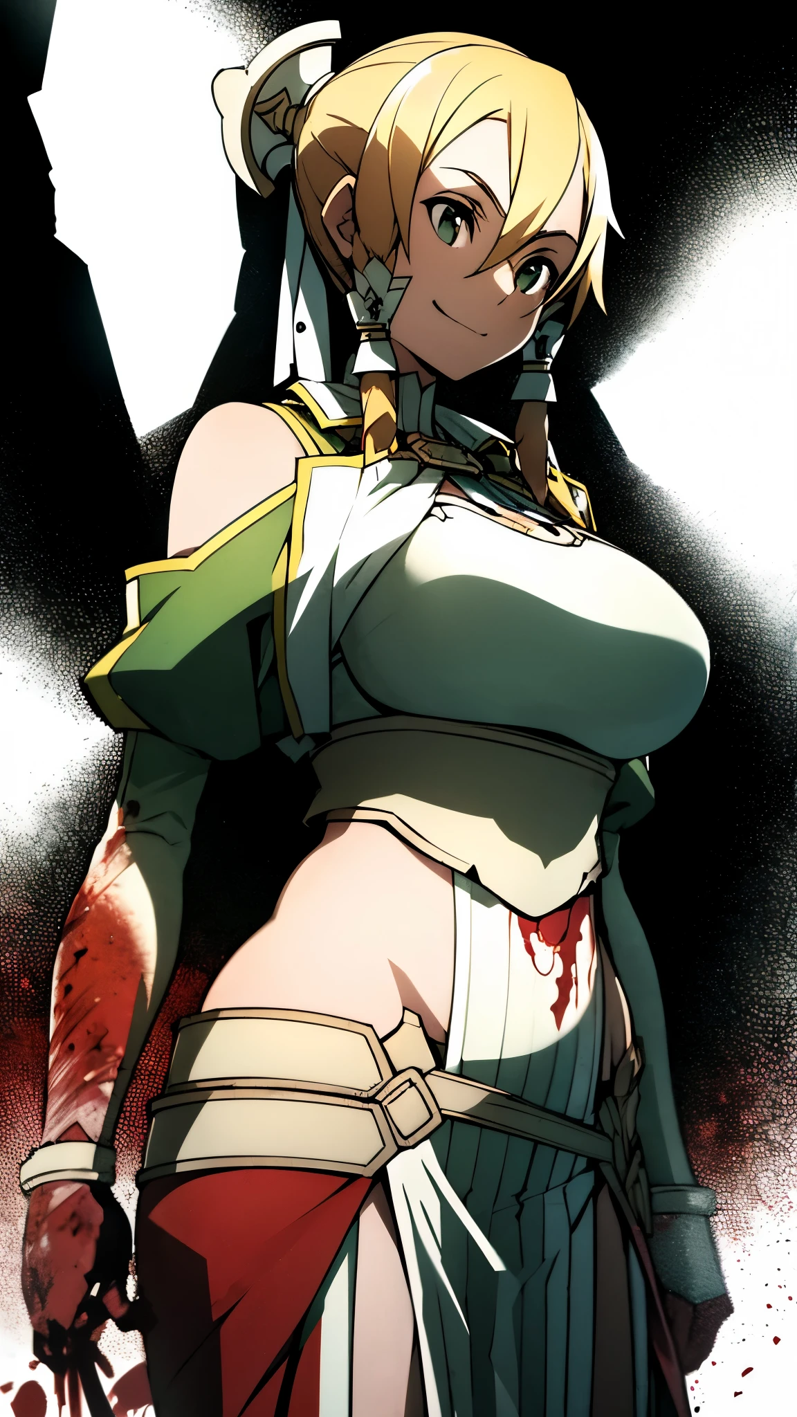 ((masterpiece)), ((best quality)), ((grotesque and splatter)), beautiful girl, curvy, tall, exposed belly, belly button, big breasts, femdom, slaughter, bloody white dress, Blood on the body, Bloody, Blood on the belly button, Blood on the belly, tall, bloody knife, bloody sword, bloody belly, war, fight, kill, Behead, shot from below, POV from fallen enemies, sensual, smile, spattered by much blood, having a big bloody sword, reflecting blood on the whole body, looking down on me, massaging breasts, getting excited sexially, kill everyone, blood splatter, cruel, background with battlefield, cut off head of man, holding a severed head, bare midriff 