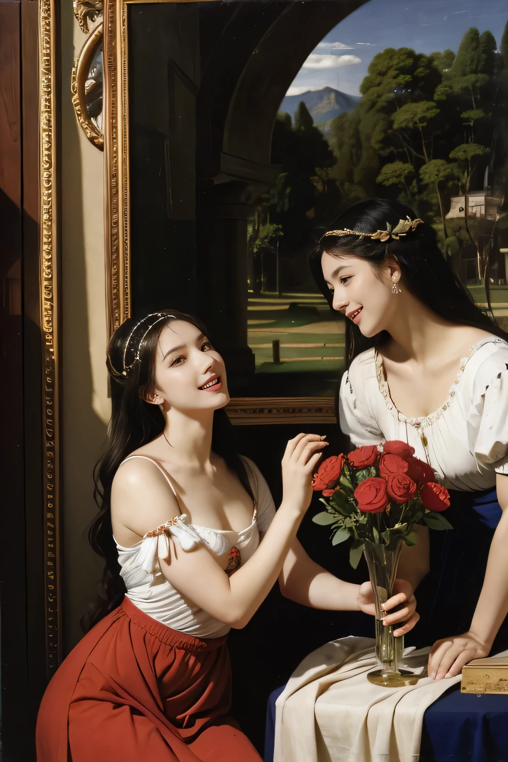 Giorgione painting style,Arguments of two female Philosophe,math、astronomical machine、astronaut、roses in vase、fruits、Cute trinkets、smile、ancient greek costume、Ancient Roman landscape in the style of Nicolas Poussin,laughter,,Sweet and seductive appearance.、Caravaggio's paintings、Chiaroscuro of Caravaggio、hair tousled by the wind,Two women frolicking,cute smile, expression of ecstasy,Sexy,erotic