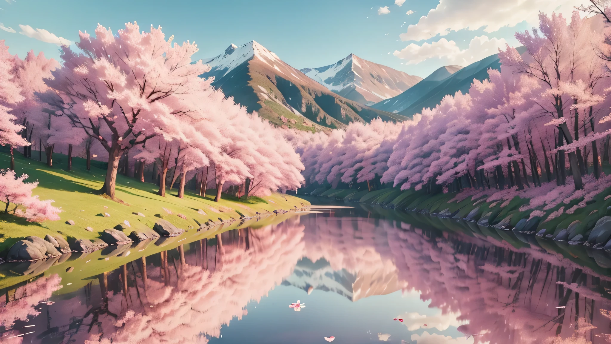 arafed view of a river with pink flowers and trees, cherry blossom forest, pink landscape, cherry blossom trees, scenic colorful environment, pink trees, lush sakura trees, sakura trees, epic beautiful landscape, nature in all its beauty, magical landscape, cherry trees, peaceful landscape, soft light 4 k in pink, pink reflections, dreamy landscape, pink waterfalls