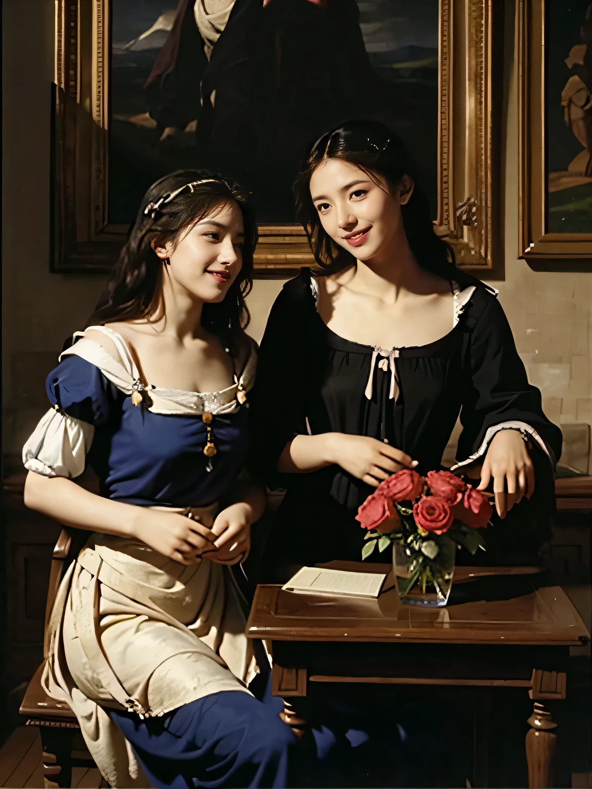 Giorgione painting style,Arguments of two female Philosophe,math、astronomical machine、astronaut、roses in vase、fruits、Cute trinkets、smile、ancient greek costume、Ancient Roman landscape in the style of Nicolas Poussin,laughter,,Sweet and seductive appearance.、Caravaggio's paintings、Chiaroscuro of Caravaggio、hair tousled by the wind,Two women frolicking,cute smile, expression of ecstasy,Sexy,erotic