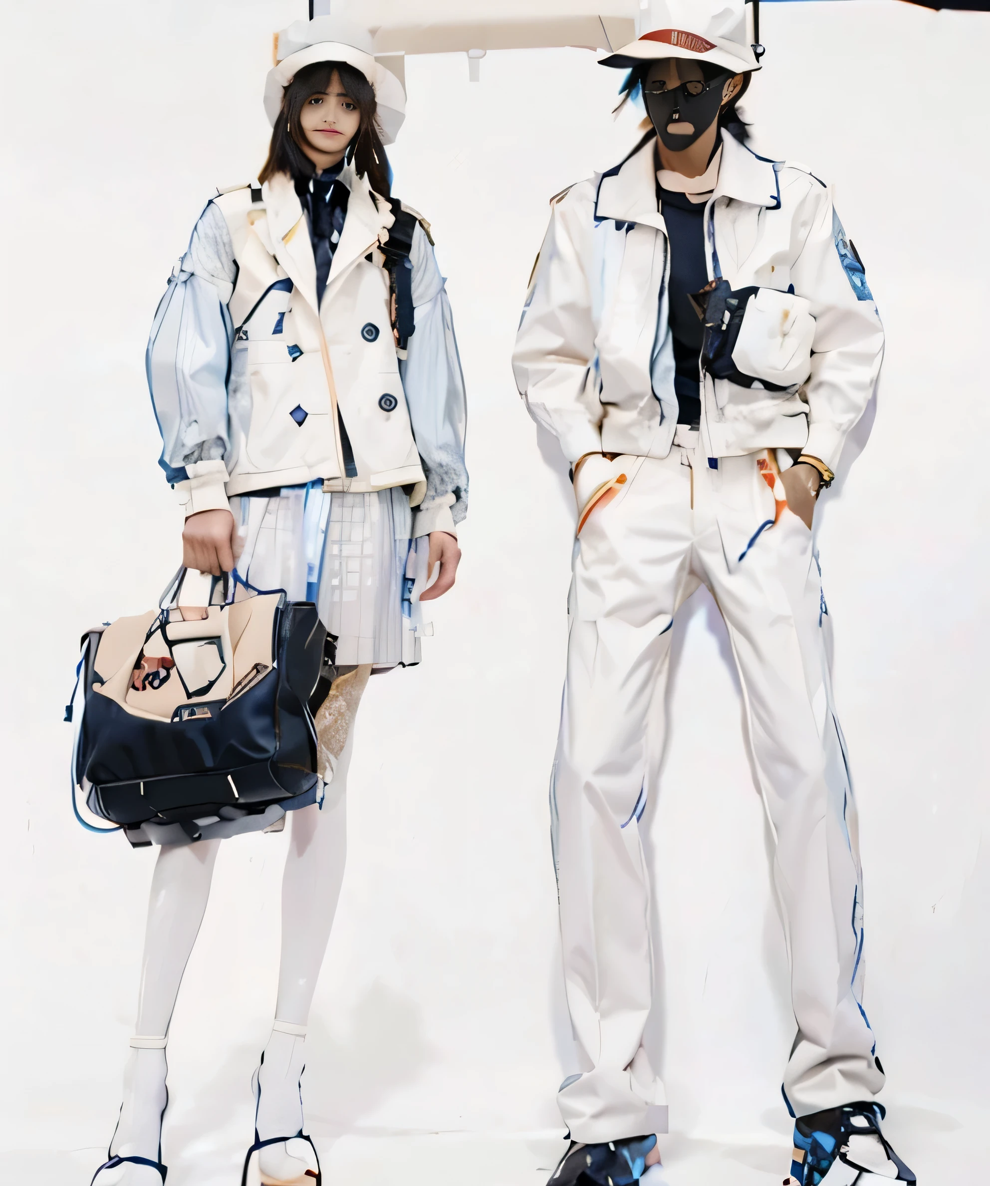 They were dressed in white and blue,holding an umbrella, Prada official editorial, official vuitton editorial, by Emma Andijewska, 2 0 2 0 fashion, Versace official editorial, Dior official editorial, Off-white style, author:Nakayama Masaru, Off-white series, fendi, '20, 🤬 🤮 💕 🎀