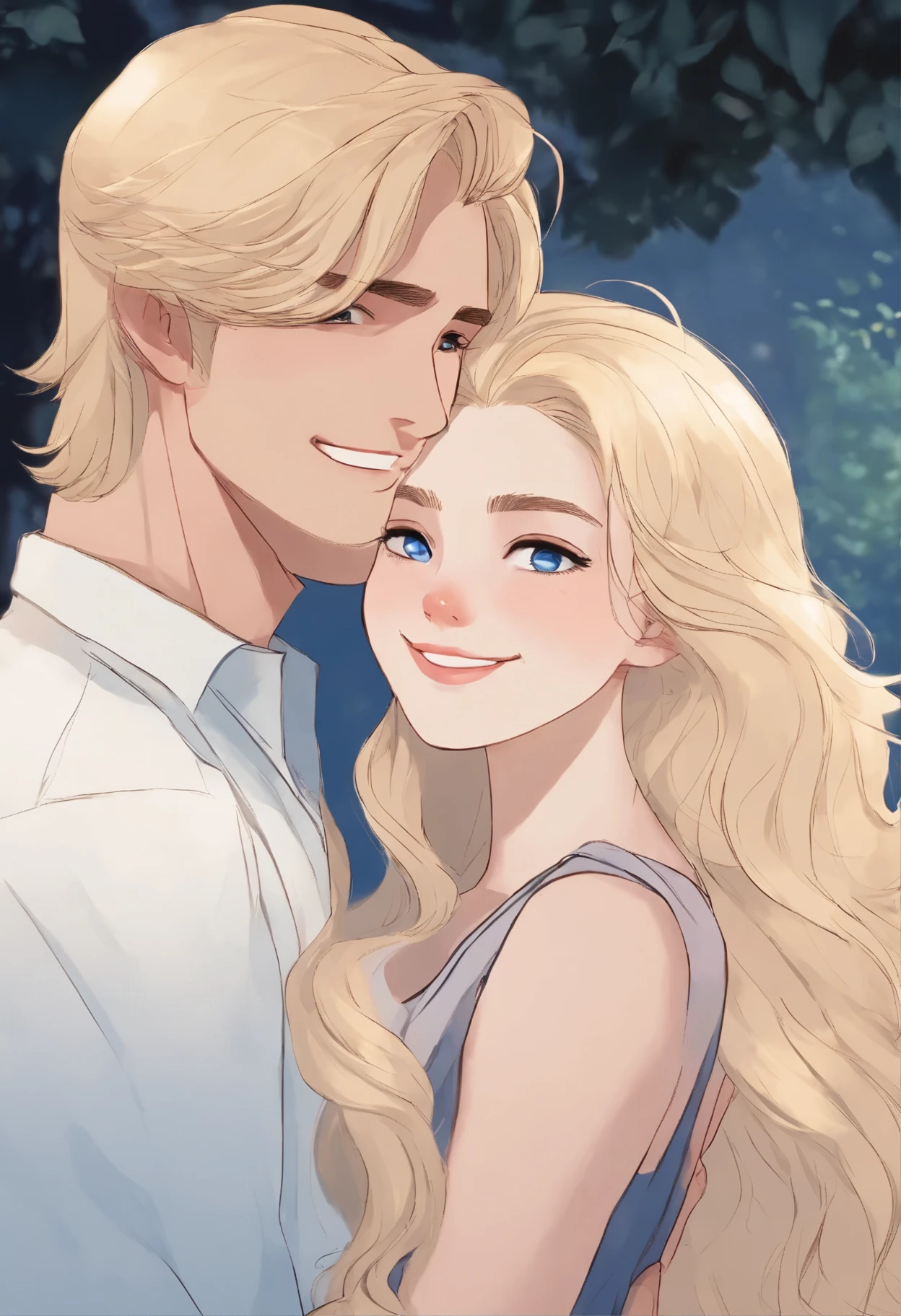 A cute girl seventeen year-old girl with pale skin and a very long blonde hair hugging a slightly older handsome tall mascular guy with dark hair and blue eyes and both are smiling