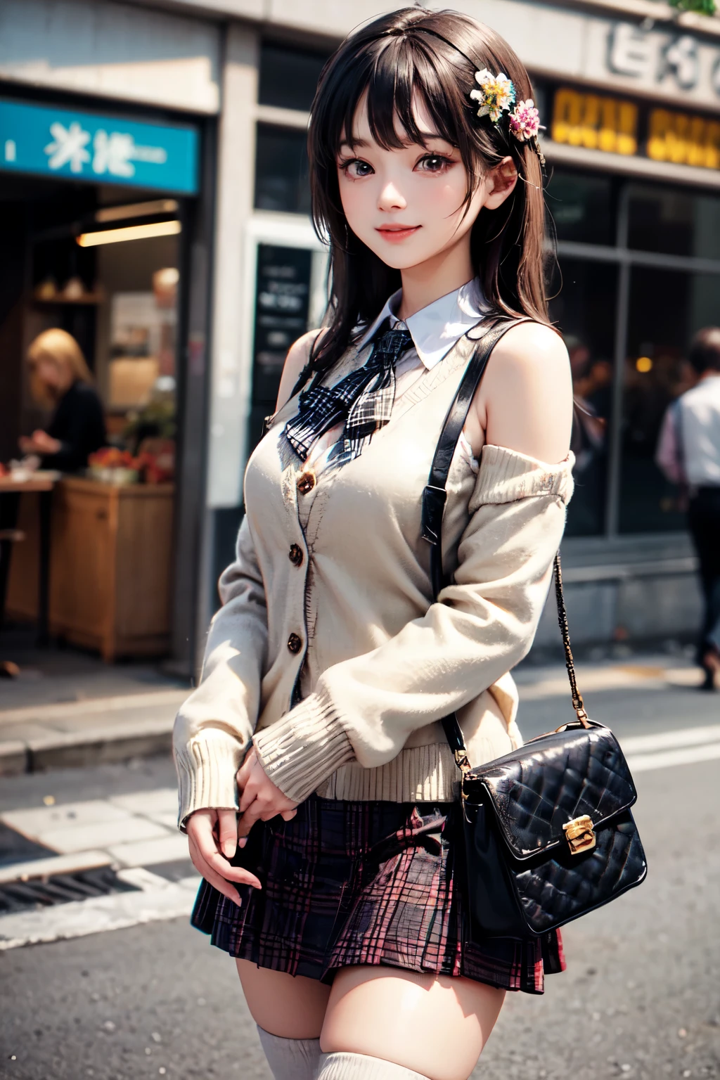 very cute and beautiful girl,teen,(highly detailed beautiful face),(white blouse),(smile:1.2),
(beige cardigan:1.2) BREAK (brown shoulder bag),(brown plaid mini skirt:1.2),zettai ryouiki,
stylish pose,hair ornament,black hair,black boots,shopping street,city square,flower shop,station,
(best quality,masterpiece:1.0),absurdres,highres,ultra-detailed,extremely detailed,32k,8k resolution,
intricate details,cinematic scene,detailed background,solo,dynamic angle,
hair fluttering in the wind,beautiful detailed sky,