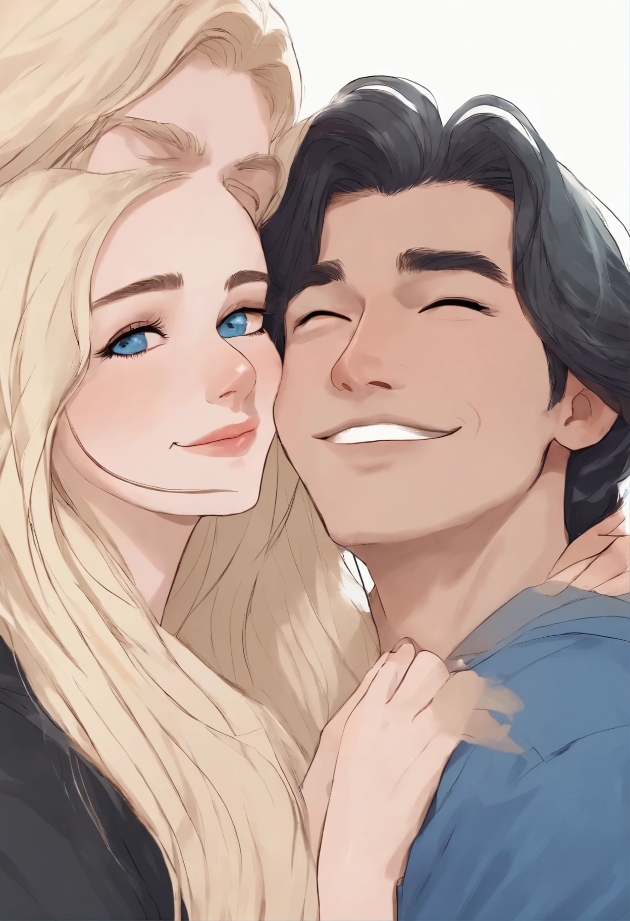 A cute girl seventeen year-old girl with pale skin and a very long blonde hair hugging a slightly older handsome tall mascular guy with dark hair and blue eyes and both are smiling