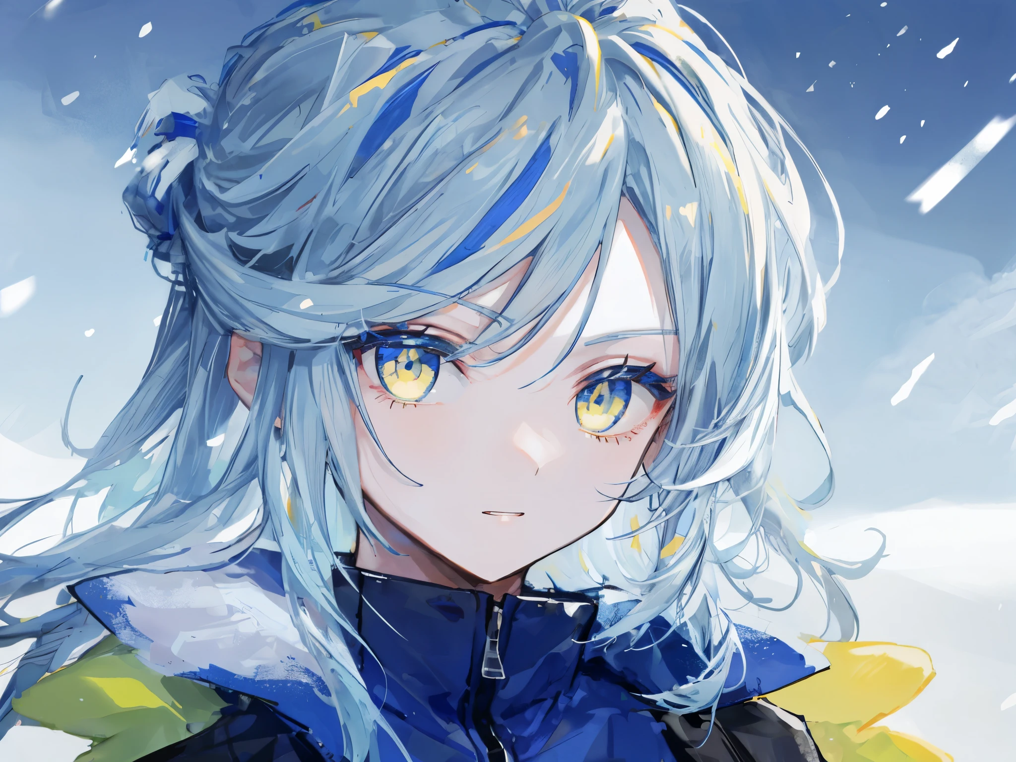 highest quality、highest quality、Super detailed、perfect face、very detailed、very delicate、1 boy, (cute), Angel, light blue hair、half up、place々blue mesh、blue and yellow gradient eyes、noble clothes、snow mountain、snow blowing、nature、detailed background