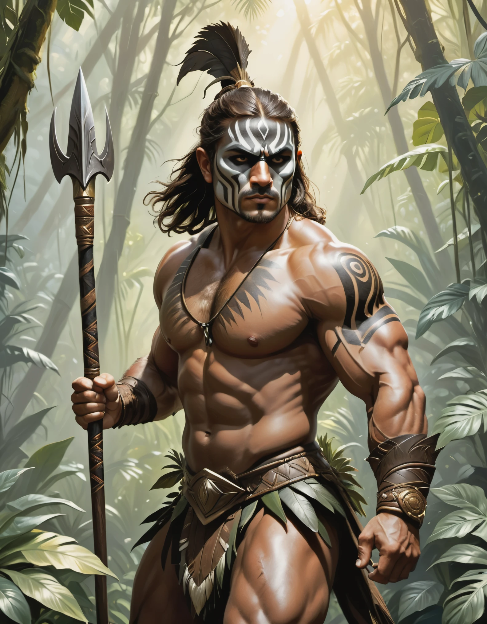 ((best quality)), ((masterpiece)), (detailed), (realistic), male warrior, muscular physique, tribal attire, face paint, wielding spear, (jungle:1.3), dense foliage, exotic plants, dappled sunlight, (hyperrealistic:1.2), oil painting, (Frank Frazetta:1.1), DeviantArt influence, dynamic action pose, (intense expression:1.2), (portrait shot:1.1), 8k resolution