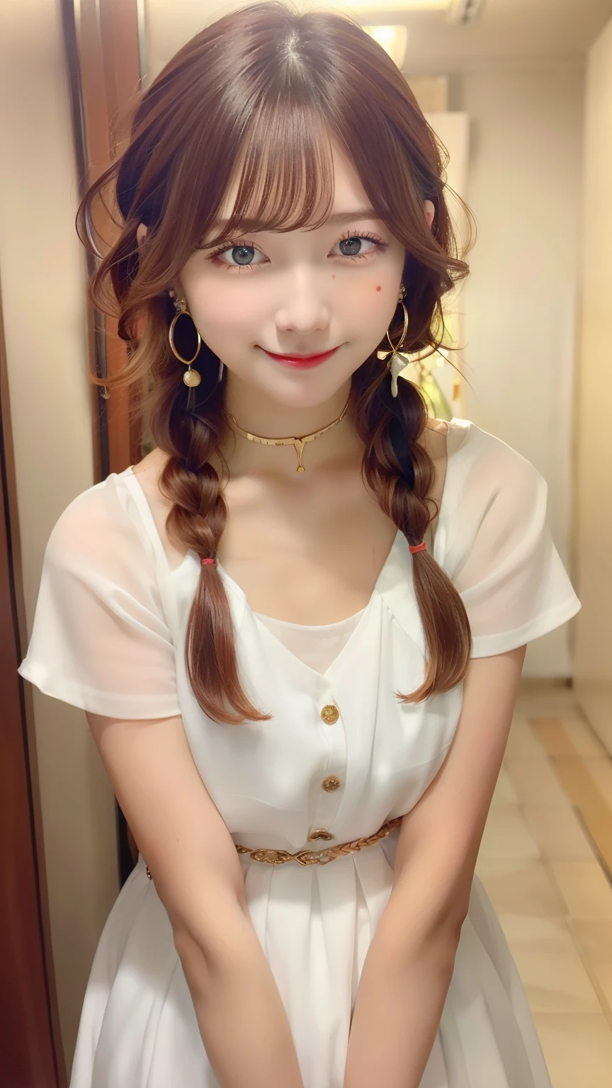 Flamme,1girl,bangs,solo,braided ponytail,single braid,brown hair,orange hair,very long hair,sidelocks,red earrings,hair over one eye,green eyes,blue eyes,collarbone,golden choker,greek clothes,white shirt,medium breasts,short sleeves,white dress,smile