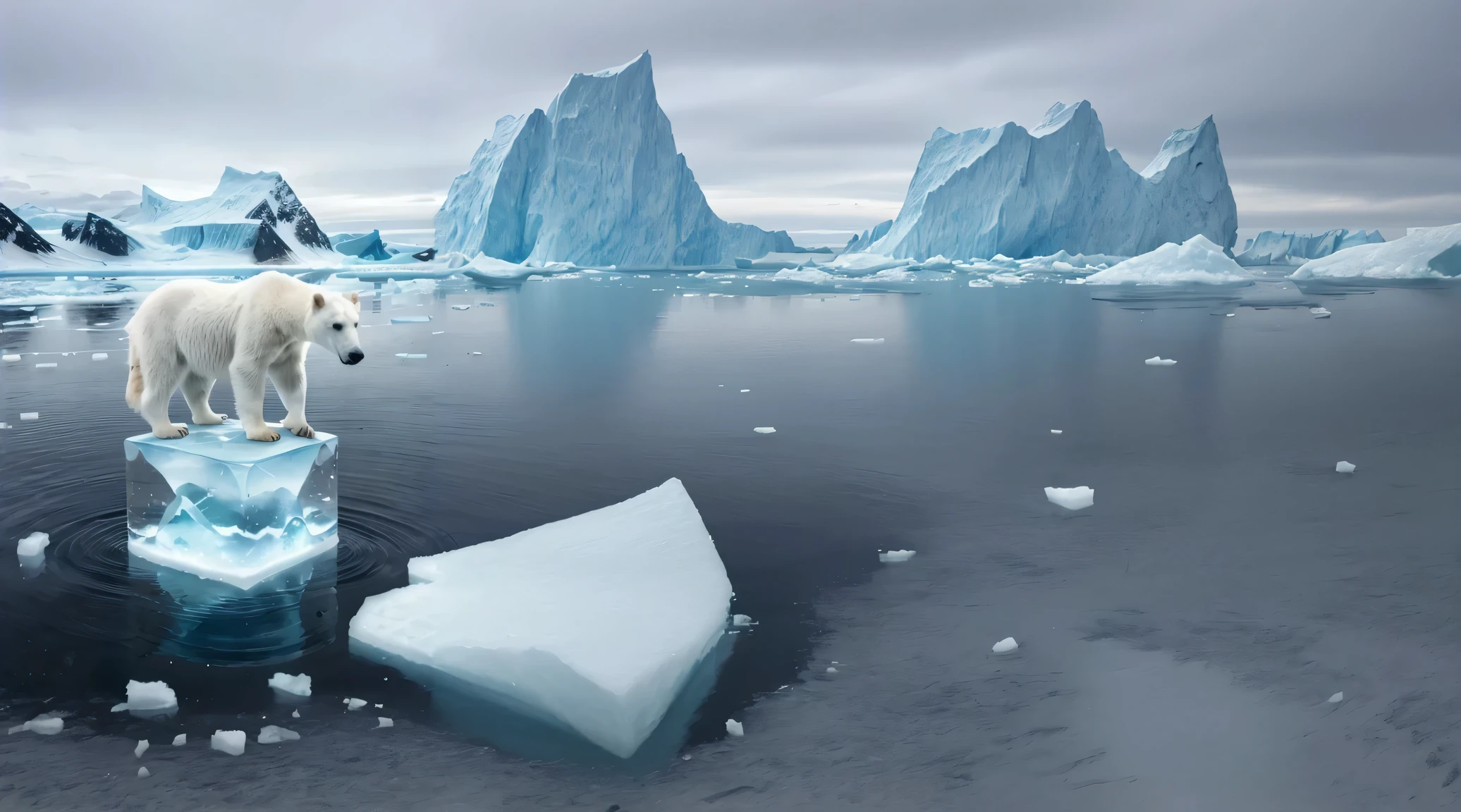 there is a polarity bear standing on an iceberg in the water, polarity bear, ice cold, polarity, climate change, Made of Ice, global warming, polarity bear in the far background, Arctic, Everything is made of ice, ice master, ice cold glaciers, ice cold, an ice cube, iceberg, melting ice cube