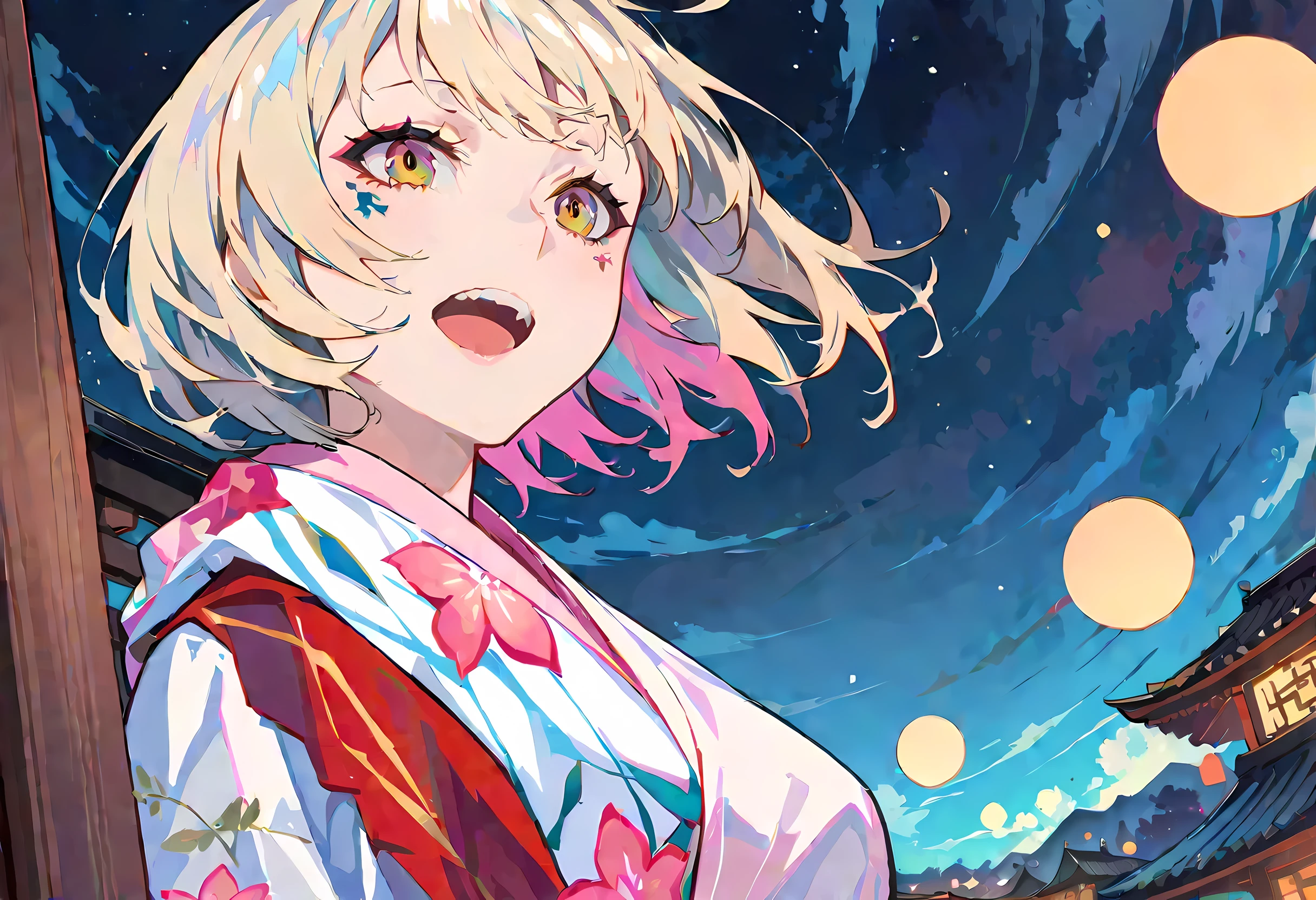 masterpiece, High resolution, illustration, kyoto animation style, Your name is movie style, night, midnight, soft of light, charming of light, (1 female: 1.3), (own of: 1.4), long eyelashes, short bob, nose_blush, Open_Mouth, futon, towel, dynamic view, view, Bokeh, depth_of_site, from_ below