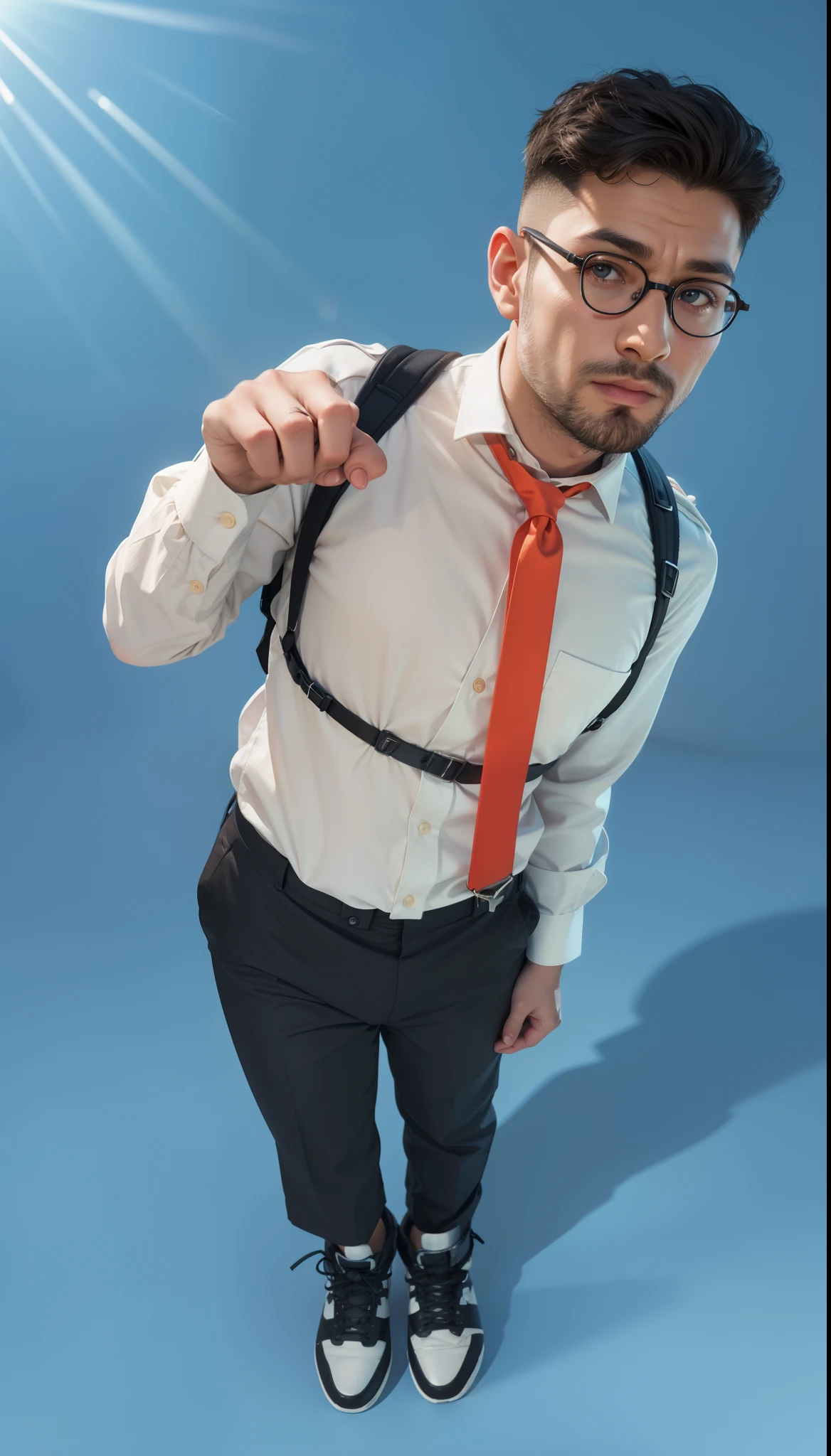 man in a blue shirt and red tie with a black suspender, wearing a shirt with a tie, official product photo, black shirt with red suspenders, closeup portrait shot, marketing photo, the man have a backpack, photo of policeman in a blue shirt and tie , edited, photo from a promo shoot, man, promotional shot, man standing in defensive pose, wide angle closeup portrait shot, designer uniform, editorial photograph, security agent, profile shot, 4k, rim light, high resolution, 4k, glossy texture, smooth 3d model, multiple light sources, rim light, sharp post effects render, (glossy metallic texture with multiple big light probe refractions), perfect cgi, cgi art created only with gradients, smooth silhouette, high intensity refraction, (super glossy chrome material), most beautiful vfx, blue background, chrome metal refractions, multiple light sources, rim light, sharp post effects render, perfect cgi, anthropomorphic cat, digital art, detailed digital art, reflective, best quality, 4k, masterpiece:1.2, ultra-detailed, realistic, vivid colors, dark and moody lighting, The image of the highest quality, ensuring every detail showcased perfectly. It in 4k resolution, allowing viewers to immerse themselves in the richness of the colors and intricate details. The realistic rendering. under the spotlight, reflecting, high-resolution image, realistic rendering, dark background, and rim light photorealistic