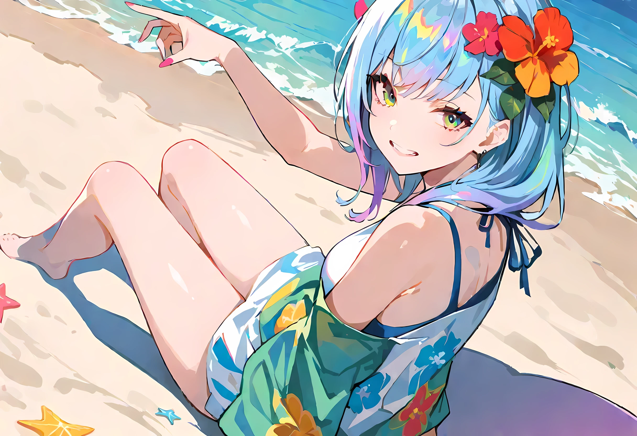 (best lighting, best shadow, masterpiece, high quality), rich and colorful, Lively, summer feeling, many bright colors, beautiful woman,Wear light summer clothes, loose hair, sitting on the beach,clear water,White beach, bright blue sky.