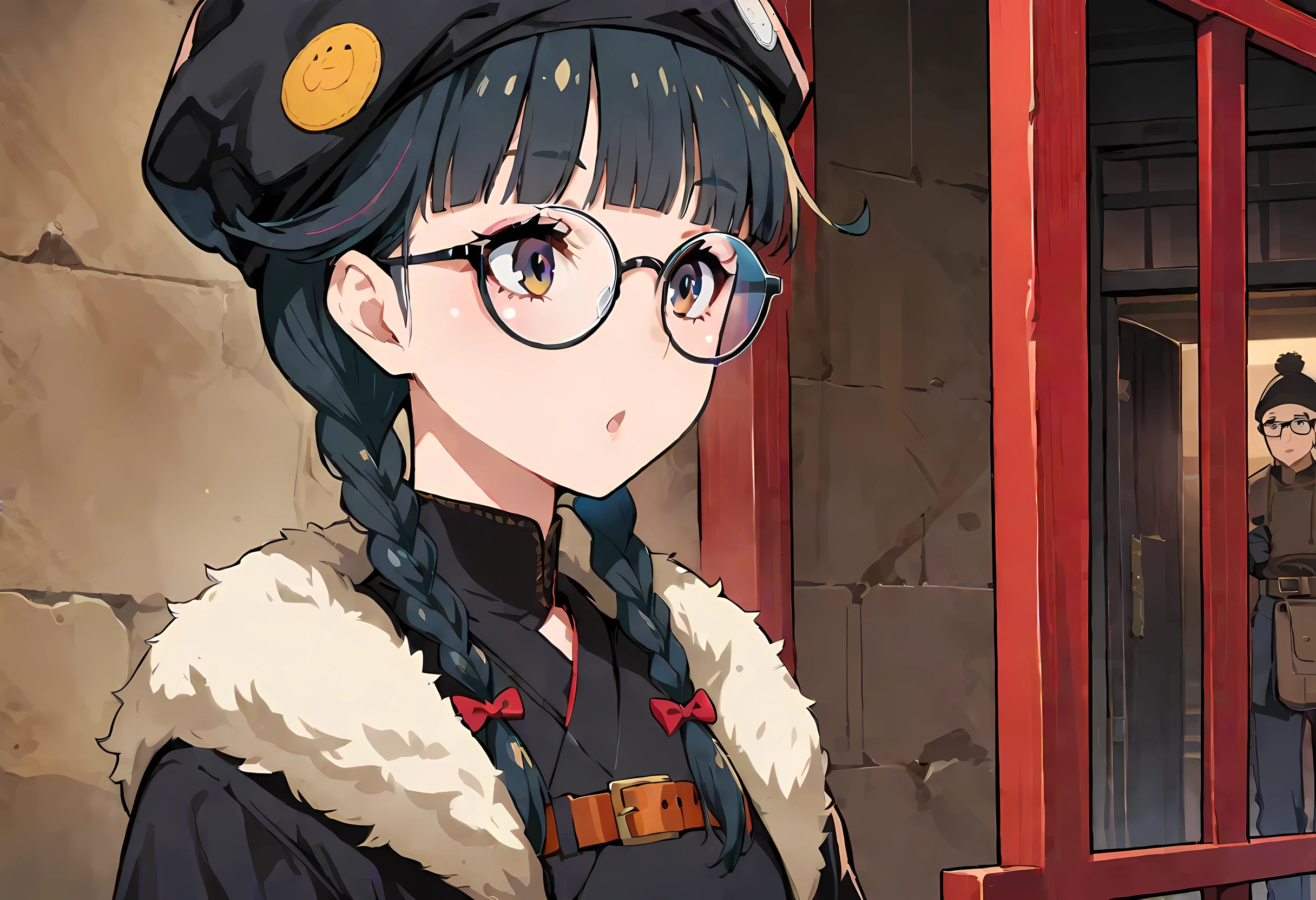 masterpiece, High quality CG, Japanese cartoons, illustration, best quality, 1 girl, boundary, , pretty face, Detailed face, Cowboy shooting, Doka Ebi, 1 girl, alone, looking at the audience, black hair, braid, Glasses, black gloves, belt, trousers, black eyes, twin braids, striped hair, black headdress, bodysuit, black trousers, round glasses, black bodysuit, Wool cap, hair behind ears,