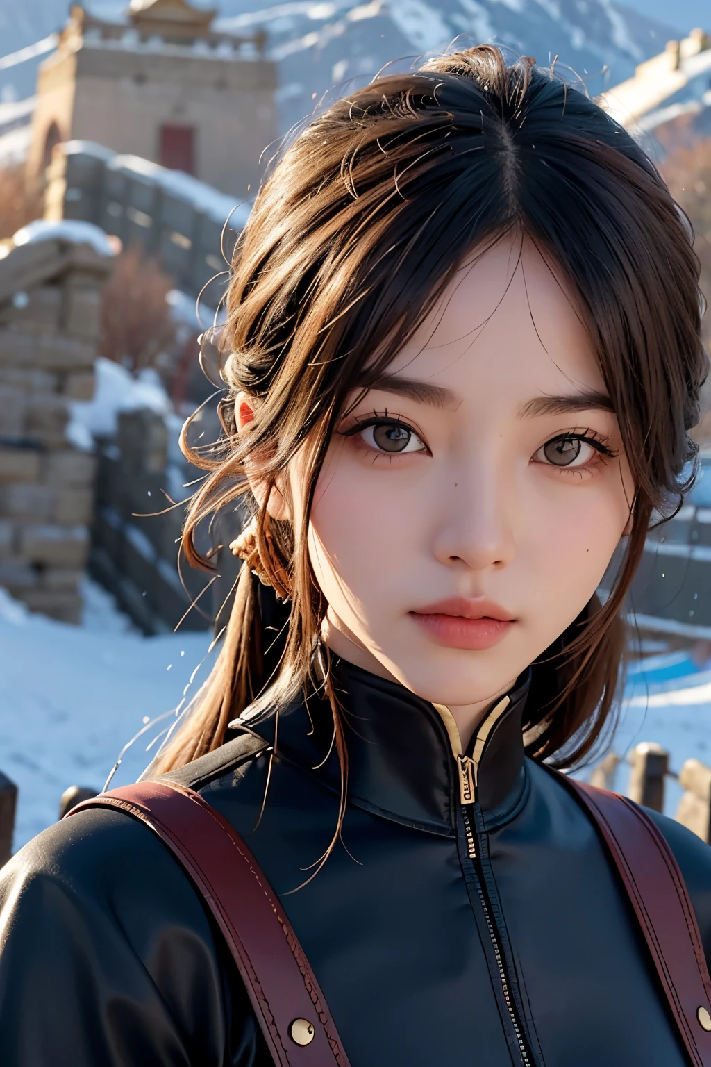 1 girl, Badaling Great Wall in Beijing,noon, Cultural landscape,bright sunshine, Upper body,close up, 8K, original photo, best quality, masterpiece,actual, photo-actual,