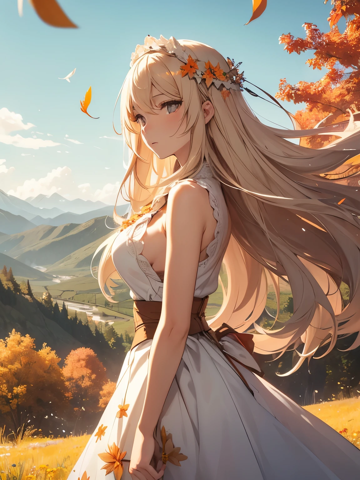 A woman with long blond hair stood on the grass covered with flowers., Long hair flowing in the wind, Wearing a white sleeveless dress，The skirt flies with the wind, 
with a determined expression, She looked towards the distant destination in the mountains.
(break behind her), An orange-red maple forest extends into the distance, The leaves fly with the wind, Mountains rise in the distance.