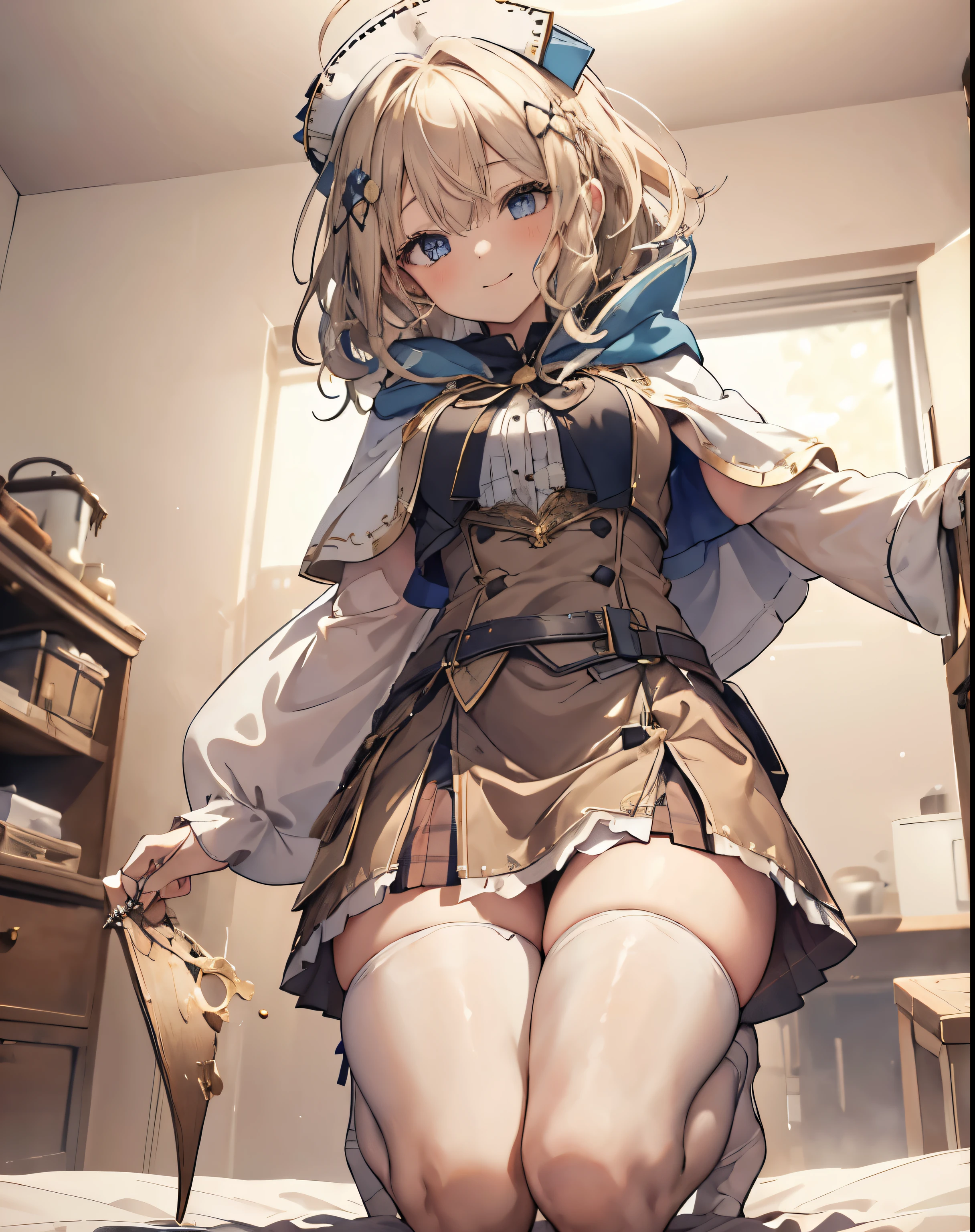 (masterpiece:1), 1girl, sparrow, a blonde haired girl, wearing a white medieval priestess clothes, curly medium hair, messy hair, slim body, wearing golden capelet with hoody, he close her left eye, shirt ornament, seductive smile, blue eyes, sho show her back, ahoge, black vest, baby face, medium breast, beautiful breasts, rounded breasts, braid hair, white nurse cap, long sleeves, seductive eyes, white stocking, droopy eyes, miniskirt, brown skirt, plaid skirt, one knee on bed, open legs, a woman on her knees, (view from under:1.6)