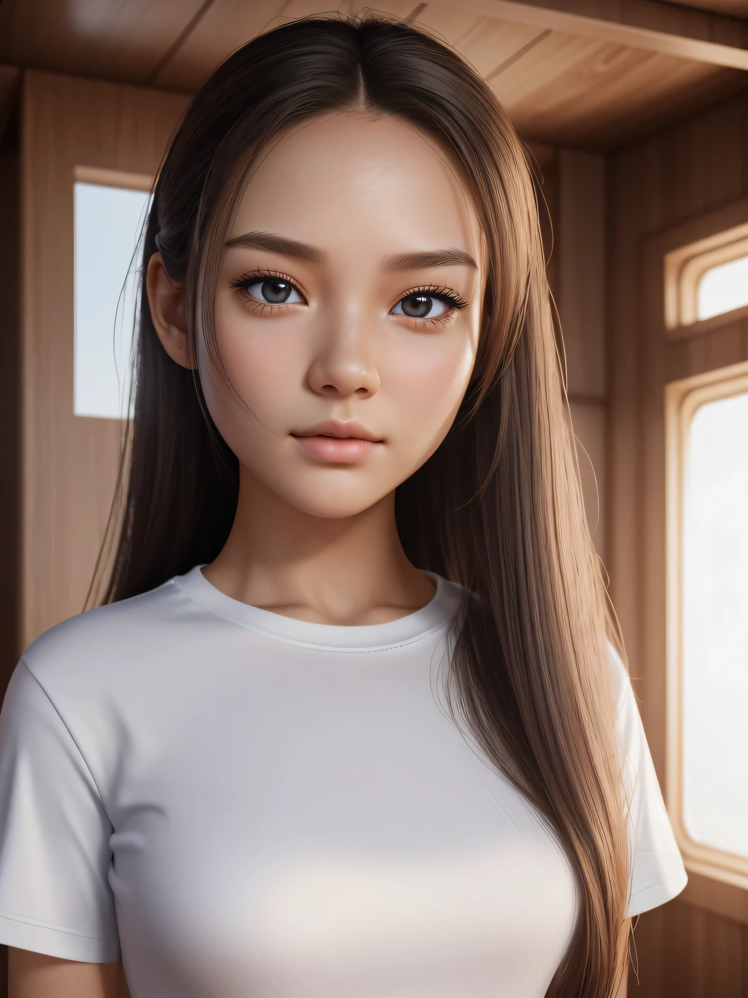 Beautiful girl ((Uniform-Hose)), ((white T-shirt)), (she stands in her cabin on the Enterprise), (small head), ((detailed face)), soft cinematic light, ((((Body-Look)))), (photorealistic), (ray tracing), (Sharp focus), ((natural realistic skin texture)), detailed face, Detailed lips, detailed eyes, double eyelid