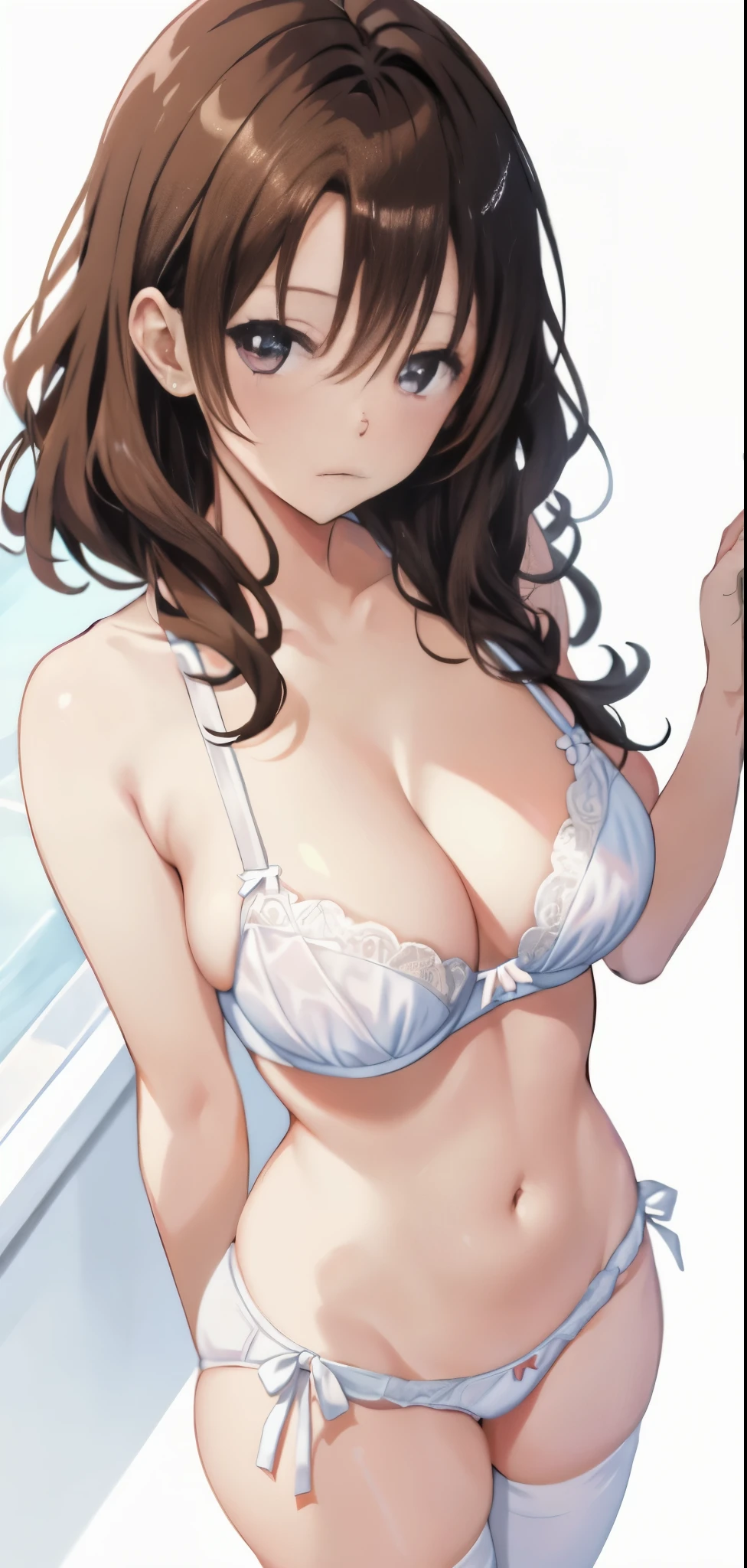 anime girl in a white bra with and white panty、Woman with short brown hair、Brown-eyed woman、wavy hair、茶色の髪とperfect body、seductive anime woman、clothing:white bra、white panties、tall woman、sexy atmosphere、anime moe art style、big breasts、woman with very large breasts、(anime girl)、attractive anime girl、naughty anime style、Beautiful charming anime teen、Smooth anime CG art、white background、indoor、cleavage、bra with an white、panty with an white、whole body、a girl is standing、digital anime art!!、female focus、 perfect body、pretty anime girl、full body、anime best girl、solo、underwear only、Bra and panties only、8k!!、High resolution!!、