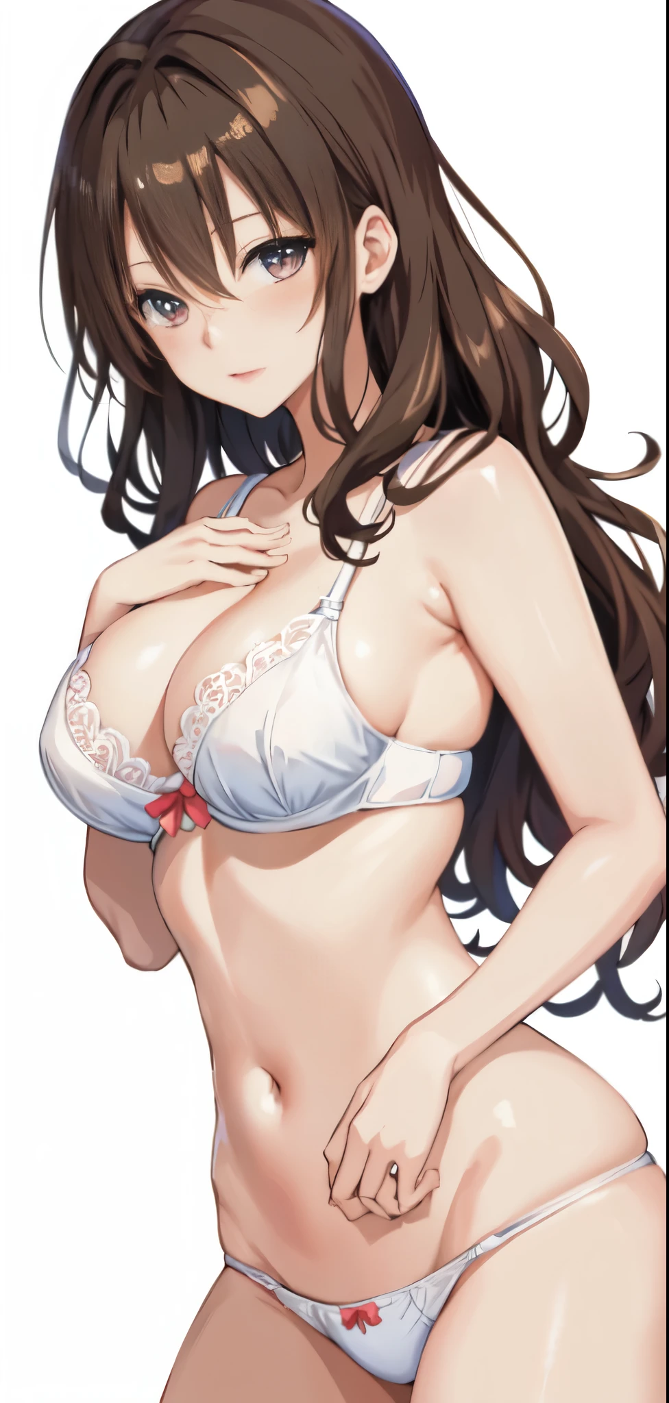 anime girl in a white bra with and white panty、Woman with short brown hair、Brown-eyed woman、wavy hair、茶色の髪とperfect body、seductive anime woman、clothing:white bra、white panties、tall woman、sexy atmosphere、anime moe art style、big breasts、woman with very large breasts、(anime girl)、attractive anime girl、naughty anime style、Beautiful charming anime teen、Smooth anime CG art、white background、indoor、cleavage、bra with an white、panty with an white、whole body、a girl is standing、digital anime art!!、female focus、 perfect body、pretty anime girl、full body、anime best girl、solo、underwear only、Bra and panties only、8k!!、High resolution!!、