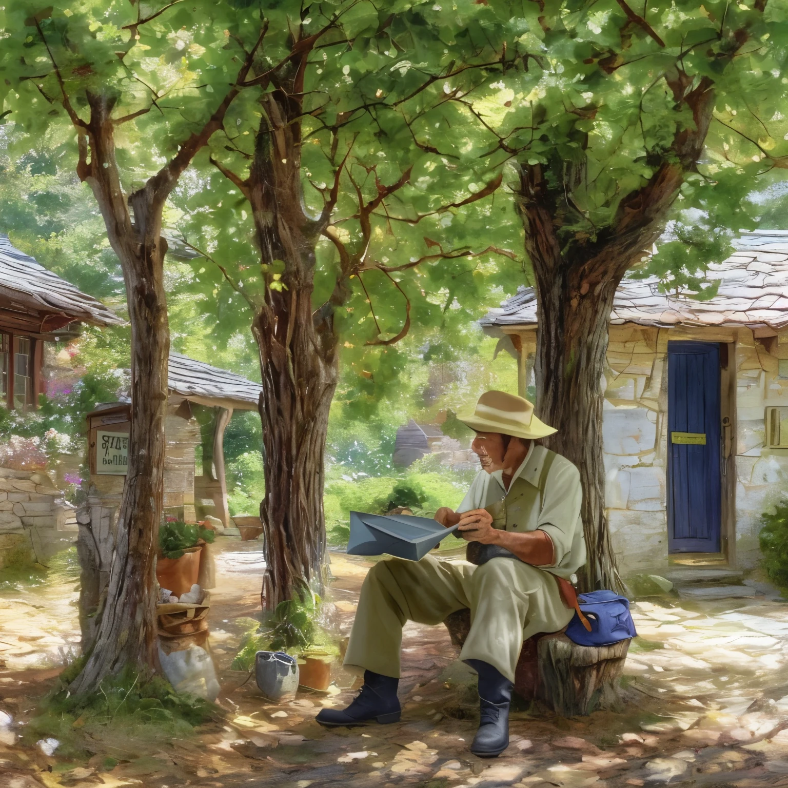 small village postman、Take a break in the shade of the trees