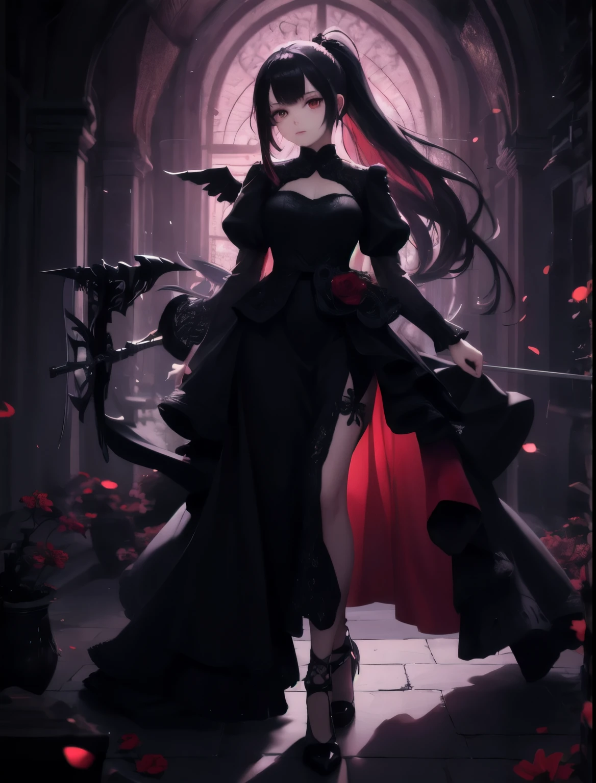 light particles, soft lighting, volumetric lighting, intricate details, finely detailed,
1girl, holding red sword, solo,
black hair, long hair, high ponytail,
red eyes, long eyelashes, thick eyelashes, looking at viewer,
red dress, ornate dress, backless dress, puffy sleeves, juliet sleeves, (long sleeves:1.2), red sword.