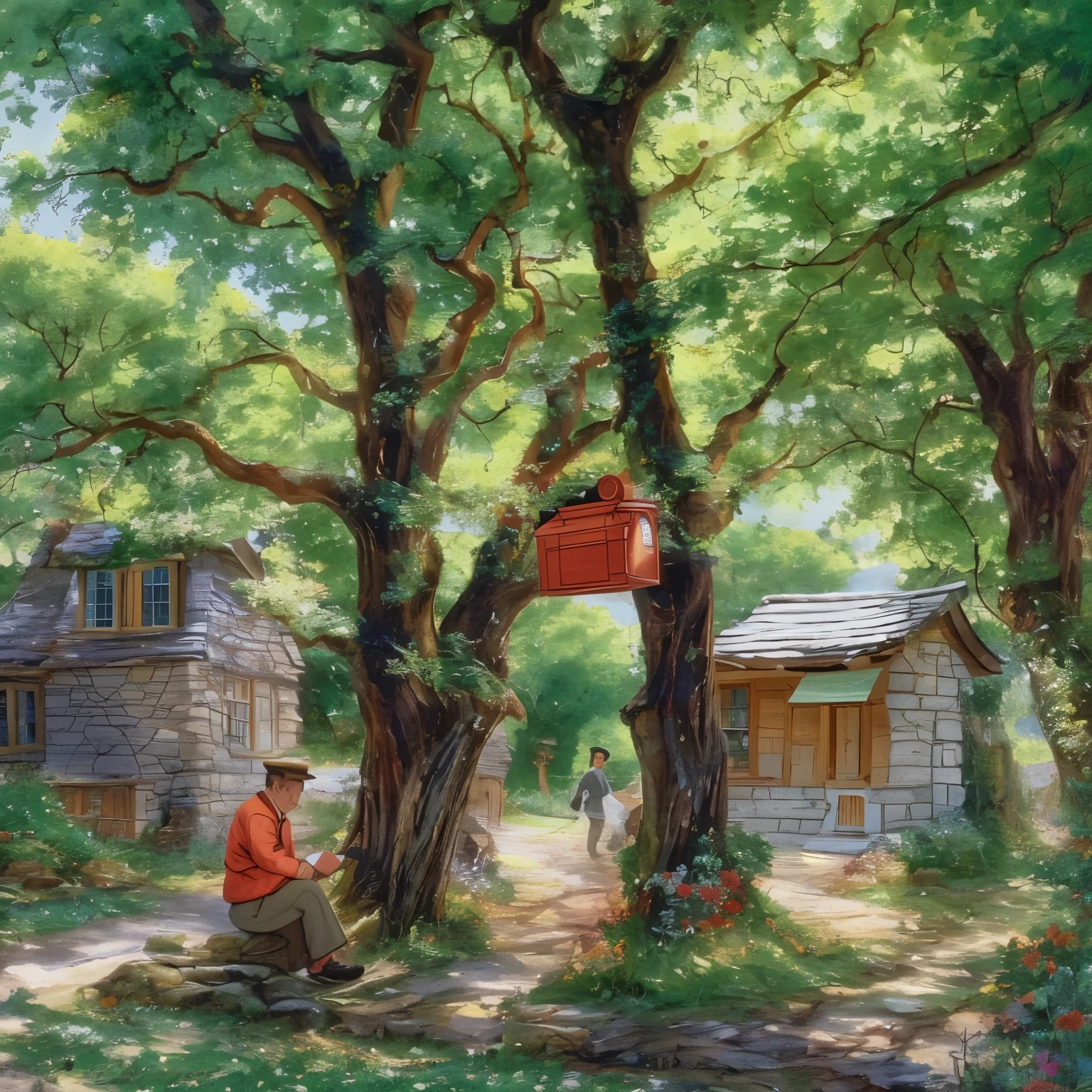 small village postman、Take a break in the shade of the trees