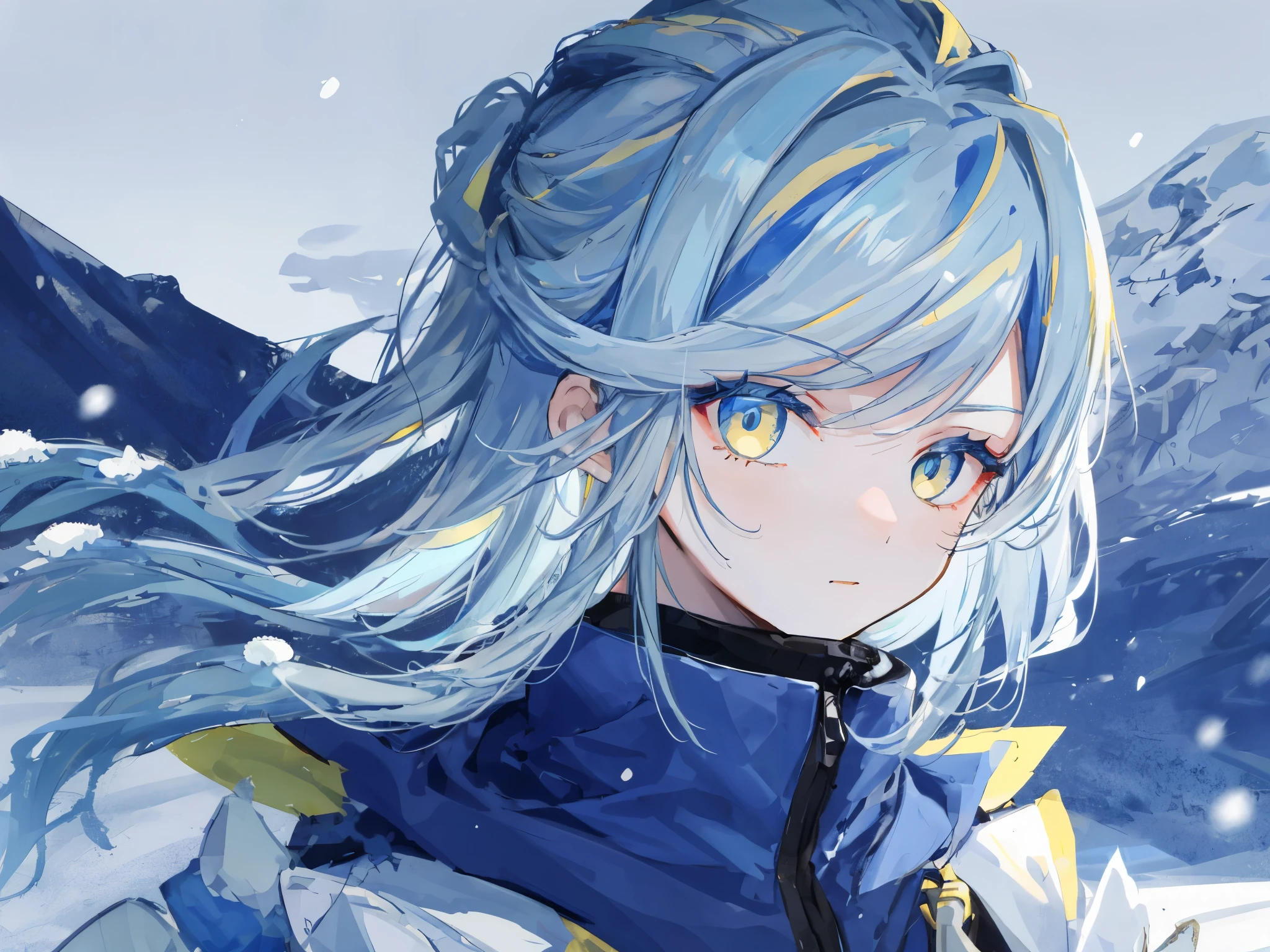 highest quality、highest quality、Super detailed、perfect face、very detailed、very delicate、1 boy, (cute), Angel, light blue hair、half up、place々blue mesh、blue and yellow gradient eyes、noble clothes、snow mountain、snow blowing、nature、detailed background