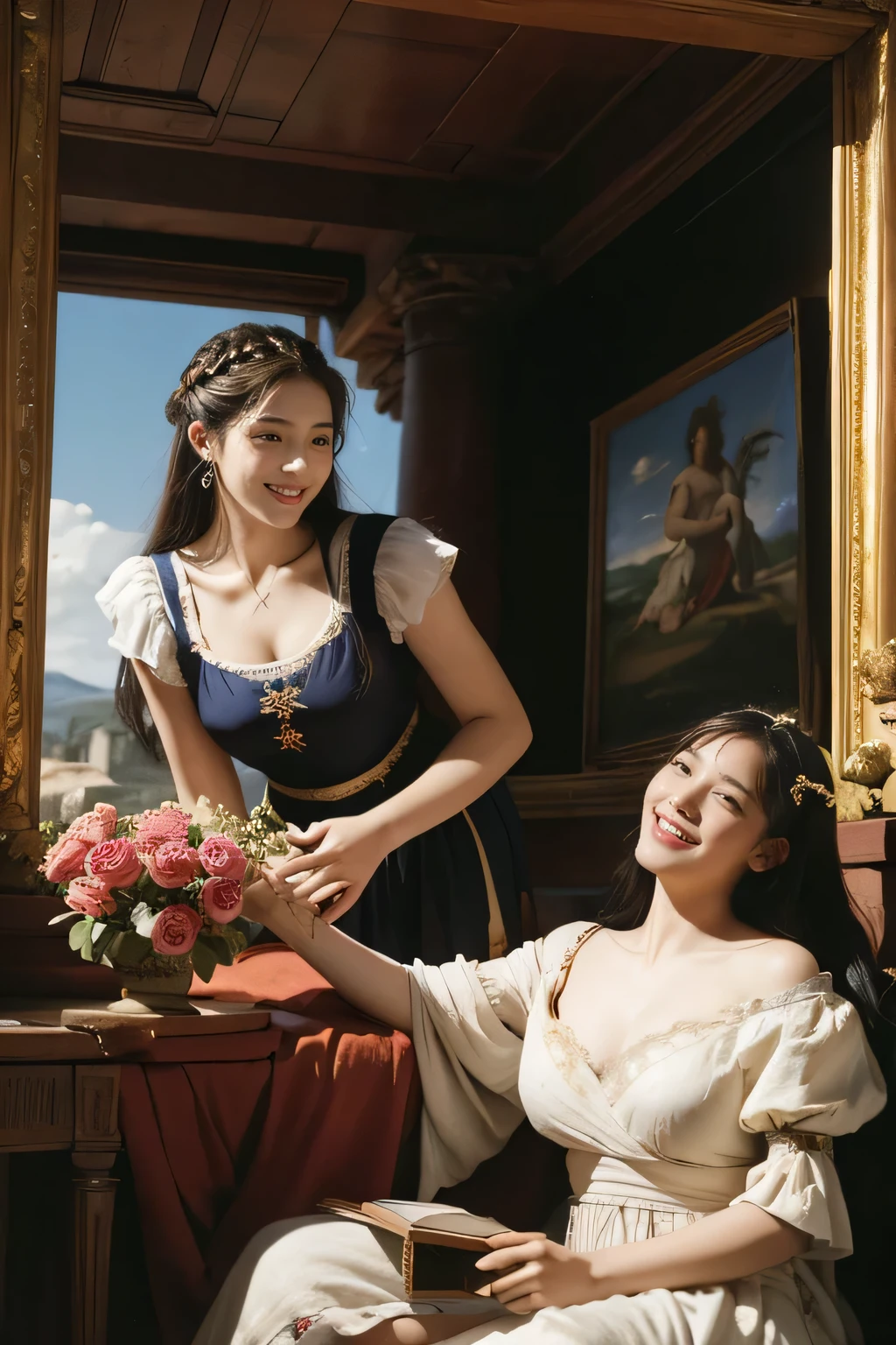 Giorgione painting style,Arguments of two female Philosophe,math、astronomical machine、astronaut、roses in vase、fruits、Cute trinkets、smile、ancient greek costume、Ancient Roman landscape in the style of Nicolas Poussin,laughter,,Sweet and seductive appearance.、Caravaggio's paintings、Chiaroscuro of Caravaggio、hair tousled by the wind,Two women frolicking,cute smile, expression of ecstasy,Sexy,erotic