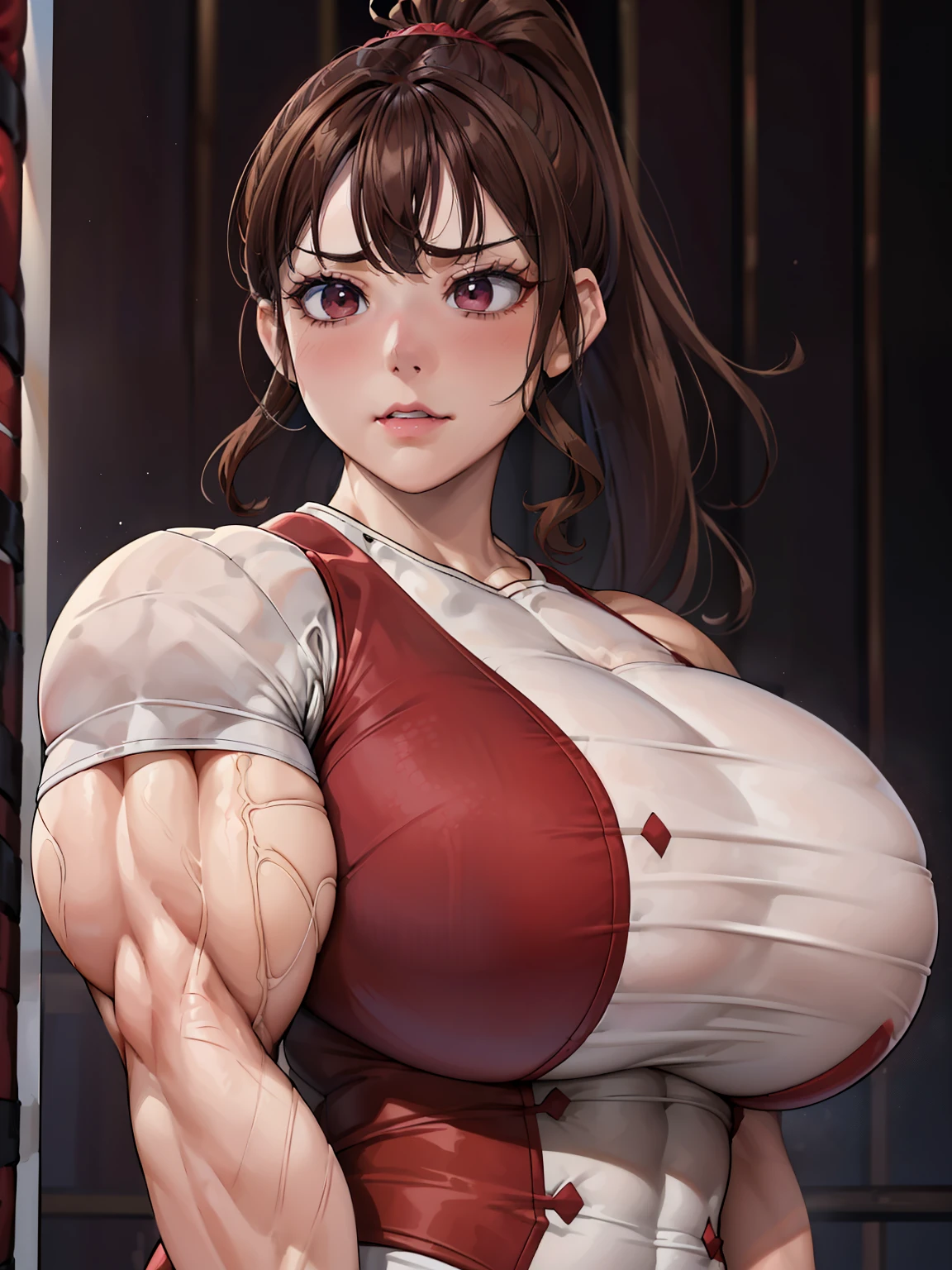 table top, highest quality, High resolution, perfect pixel, 4K,, 1 girl, single, alone, beautiful woman、I could see the whole body、 ((ponytail、wavy hair, bangs, brown hair)), ((brown eyes, beautiful eyelashes, realistic eyes)), ((detailed face, blush:1.2)), ((smooth texture:0.75, realistic texture:0.65, realistic:1.1, Anime CG style)), dynamic angle, perfect body, ((Red and white volleyball uniform、Red and white short-sleeved shirt、white shorts、、、))、locker room、、upward glance、、、 ,((hyper muscular:1.6)) , ((big breasts:1.4)),(strong) , (((muscular))) ((shout)) (push muscles)