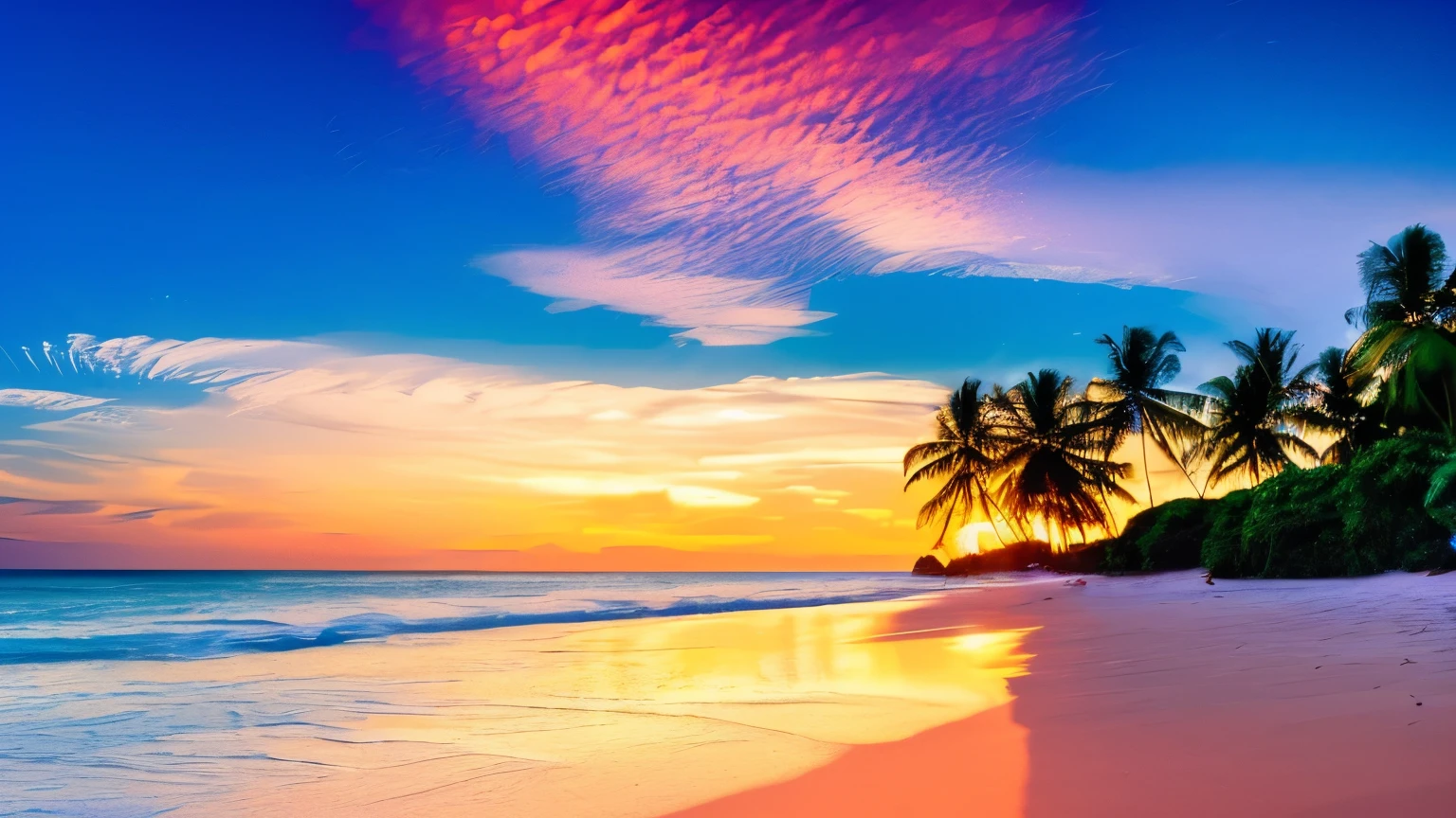 ((high res, HDR, HD, Ultra sharp, 8k)), artwork of a tropical beach with sea and clouds in the background, sunset time, very detailed landscape