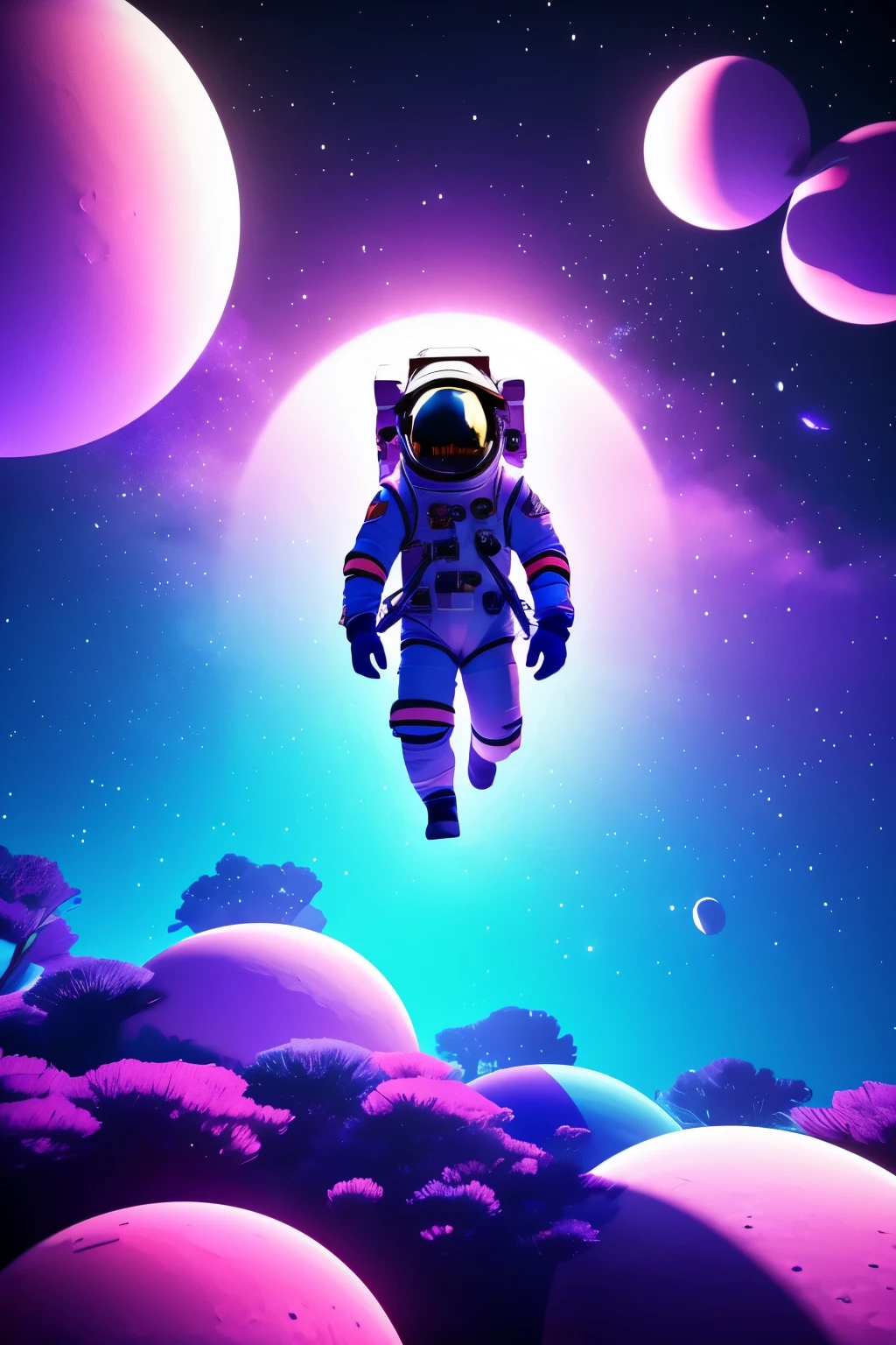 an astronaut floating in a purple and blue space with a purple and blue background, astronaut lost in liminal space, astronaut, beeple&#39;s hybrid style, Amazing Space Creatures 4K, astronaut below, detailed astronaut, bee art work, just a joke, beep daily art, 3d rendering beeple, astronaut, 8K Stunning Artwork