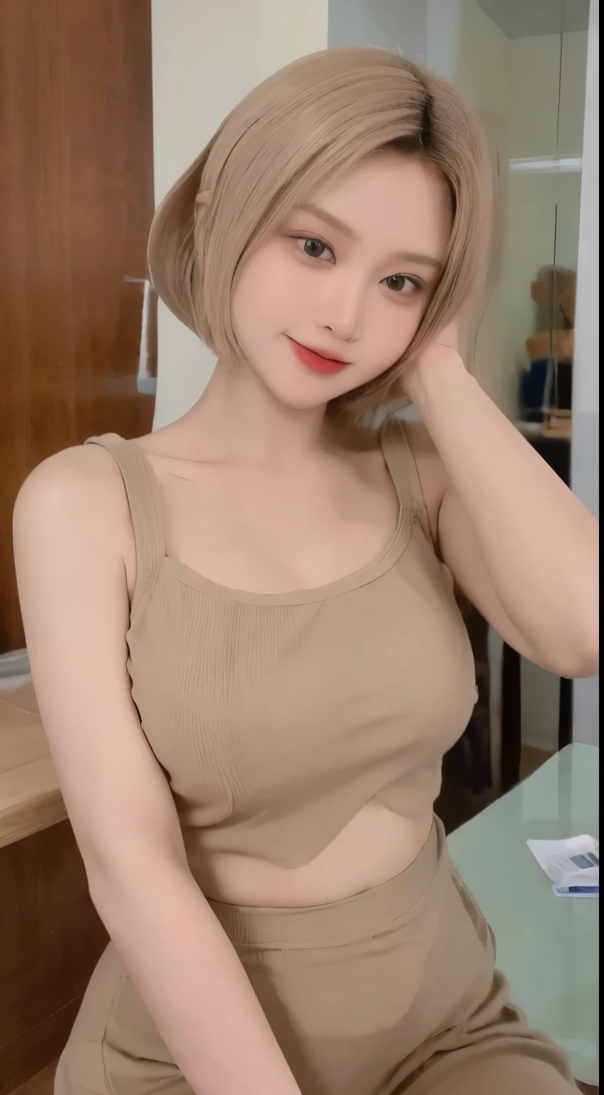 ((Best quality, 8k, Masterpiece :1.3)), 1 malay girl, beautiful woman with emphasis on slim abs: 1.3, ((short hair)), (bob hairstyle), (medium breasts⁩: 1.35), casual wear: 1.2, interior, ultra-detailed face, delicate eyes, soft breasts, smile, exposed cleavage, (((monolid eye)))