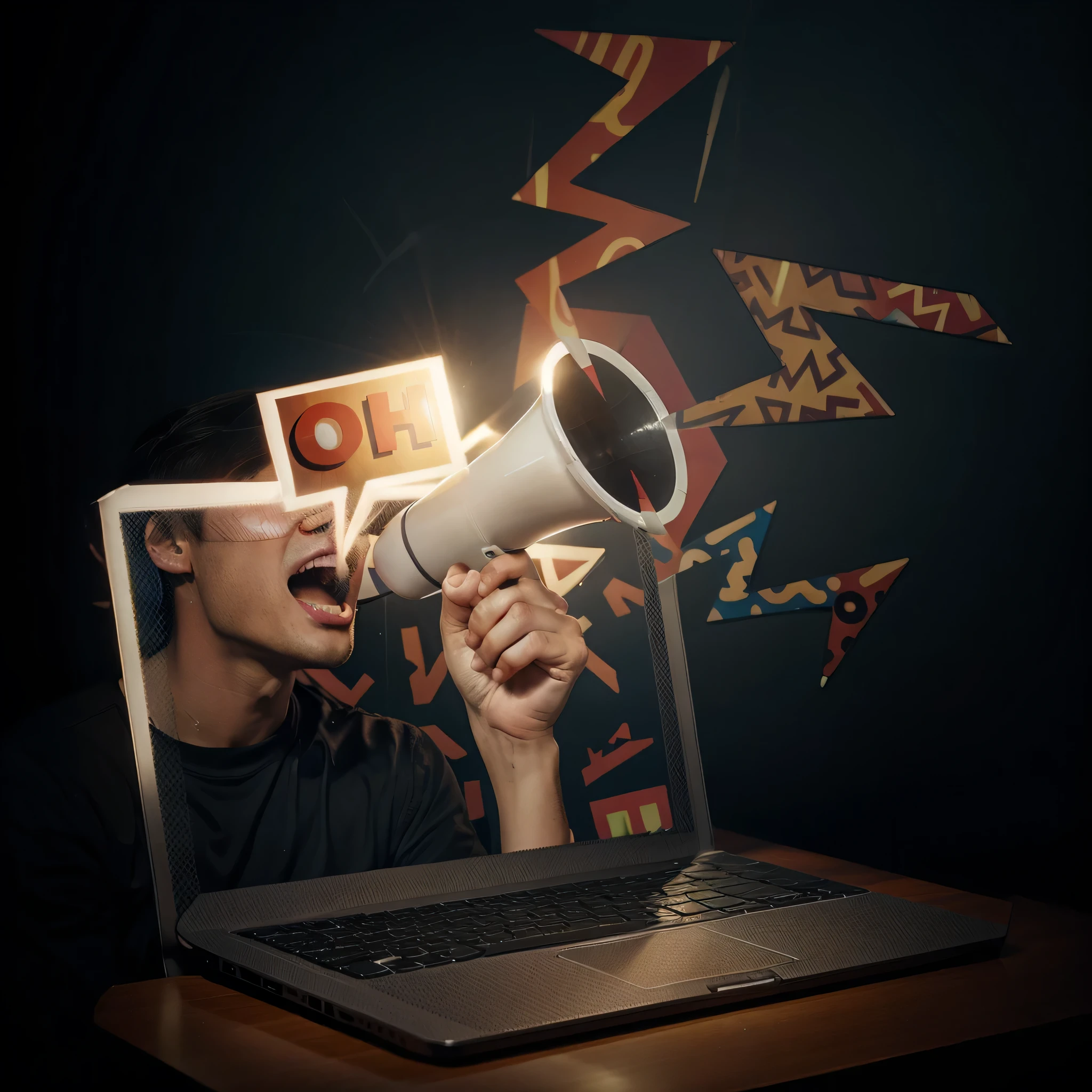 man holding a megaphone and laptop, digital collage, scream, ( collage ), Low resolution, Someone's screaming, digital illustration -, digital illustration, Computer aesthetics, Technological Misery, computer crash, old internet art, Иллюстрация MTV 90-х годов, noisy and glitchy, internet art, Photo by Kurzgesagt