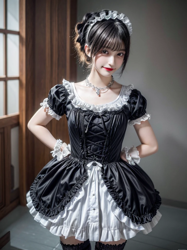 (8K, Photorealistic, Raw photo, of the highest quality: 1.3), (1girl in), Super beautiful, (Realistic face), (boyish, Silver Color Berry Shorthair), Beautiful , Glare that captivates the viewer, Beautiful expression, Beautiful breasts, (Realistic skin), Be...Super high quality, super high definition, super detailed, masterpiece, 20years old, female, cute, perfect face, beautiful, nice body, gothic lolita clothes, gothic lolita fashion, frilly skirt, headdress, necklace, bracelet, knee-high socks, boots, double eyelids, tear bags, Detailed down to the fingers, photo-like description, indoors, dim indoor lighting, big breasts, black hair, pony tail, standing, whole body, composition that shows the whole body, smiling