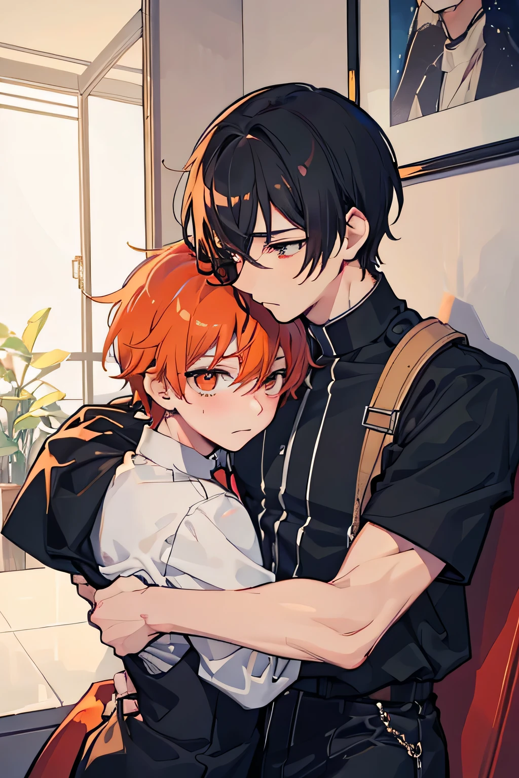((best quality)), ((masterpiece)), (detailed), perfect face, 2 boys, gay couple, one boy with dark black hair and dark brown eyes and is tall and handsome, looks fierce and bold, tsundere, very tall, hot and other boy has orange hair and orange eyes and is cute adorable and is bubbly and shorter, short height, baby face, blushing looks like innocent and shy, they are in love, romance, gay couple, bl couple, yaoi, 4k ultra anime quality, anime ARTSTYLE, bl yaoi, hugging, 4k anime art style, cute, standing, height difference