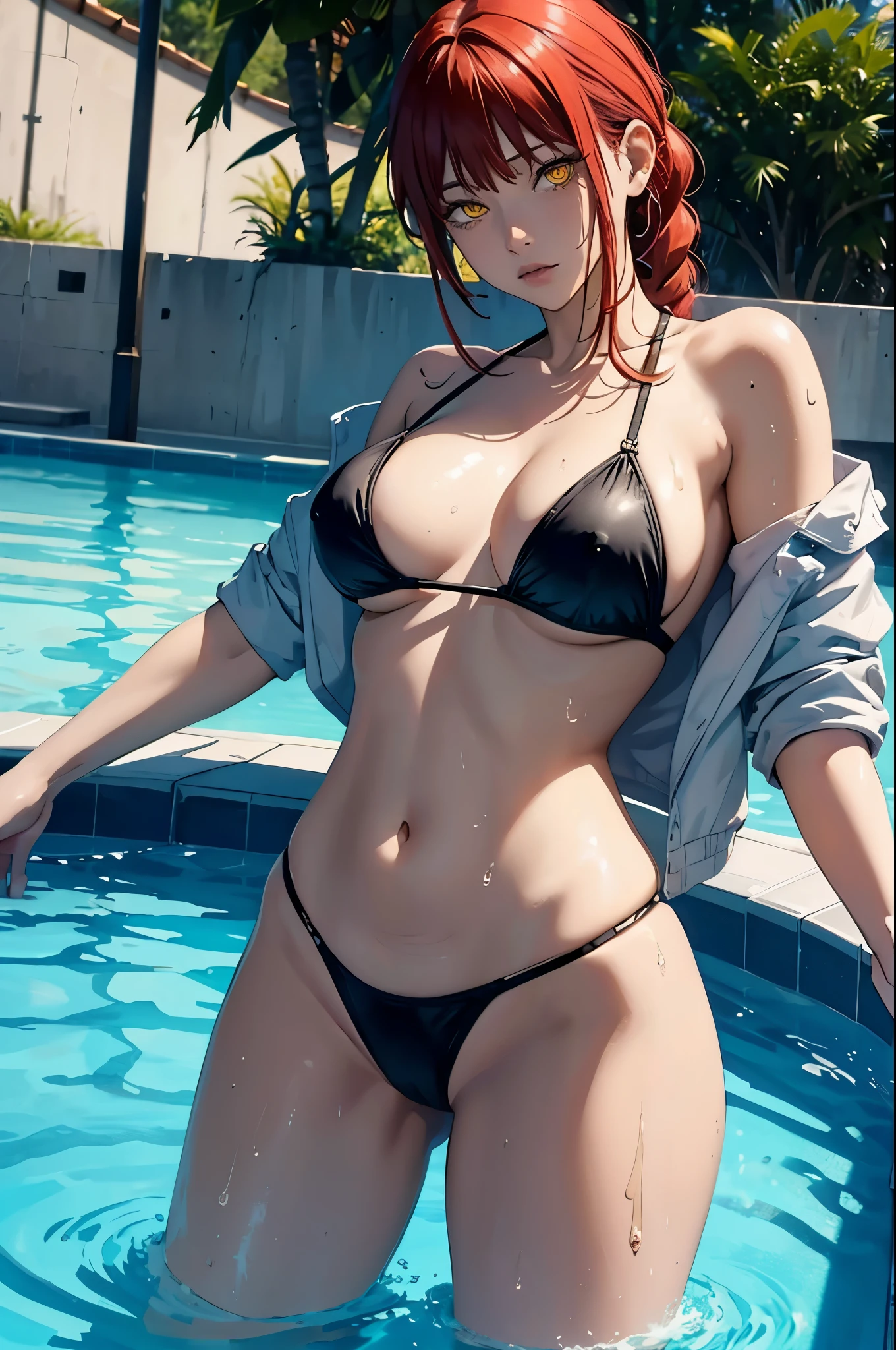 makima from chainsawman, yellow vivid eyes, wearing black bikini, sexy pose, hair braided, standing in pool, pool setting, wet body, outdoor pool, cleavage, big breasts, dripping water