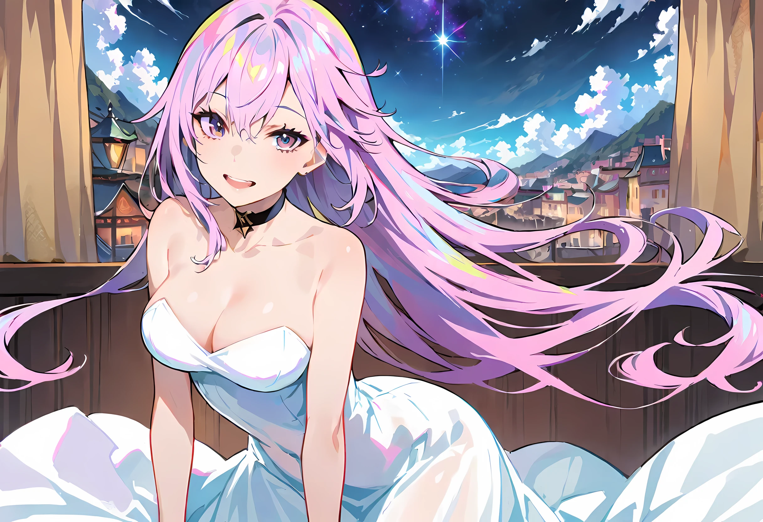 Detailed background, masterpiece, best quality, 1 person , curls, long hair, purple eyes, There are stars in eyes , strapless shirt, long skirt