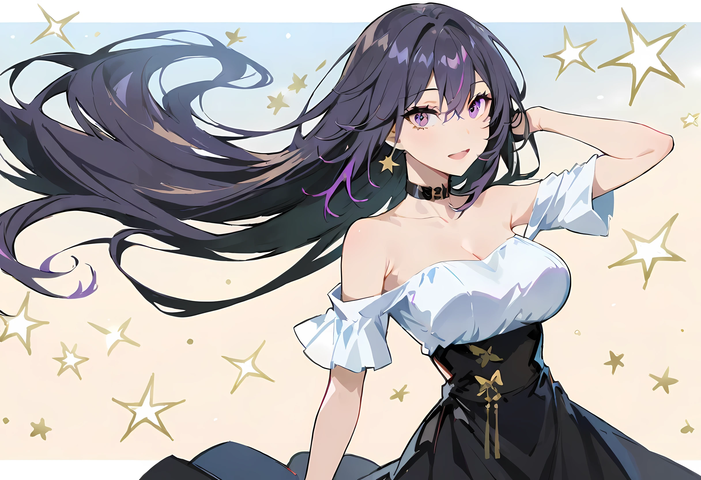 Detailed background, masterpiece, best quality, 1 person , curls, long hair, purple eyes, There are stars in eyes , strapless shirt, long skirt