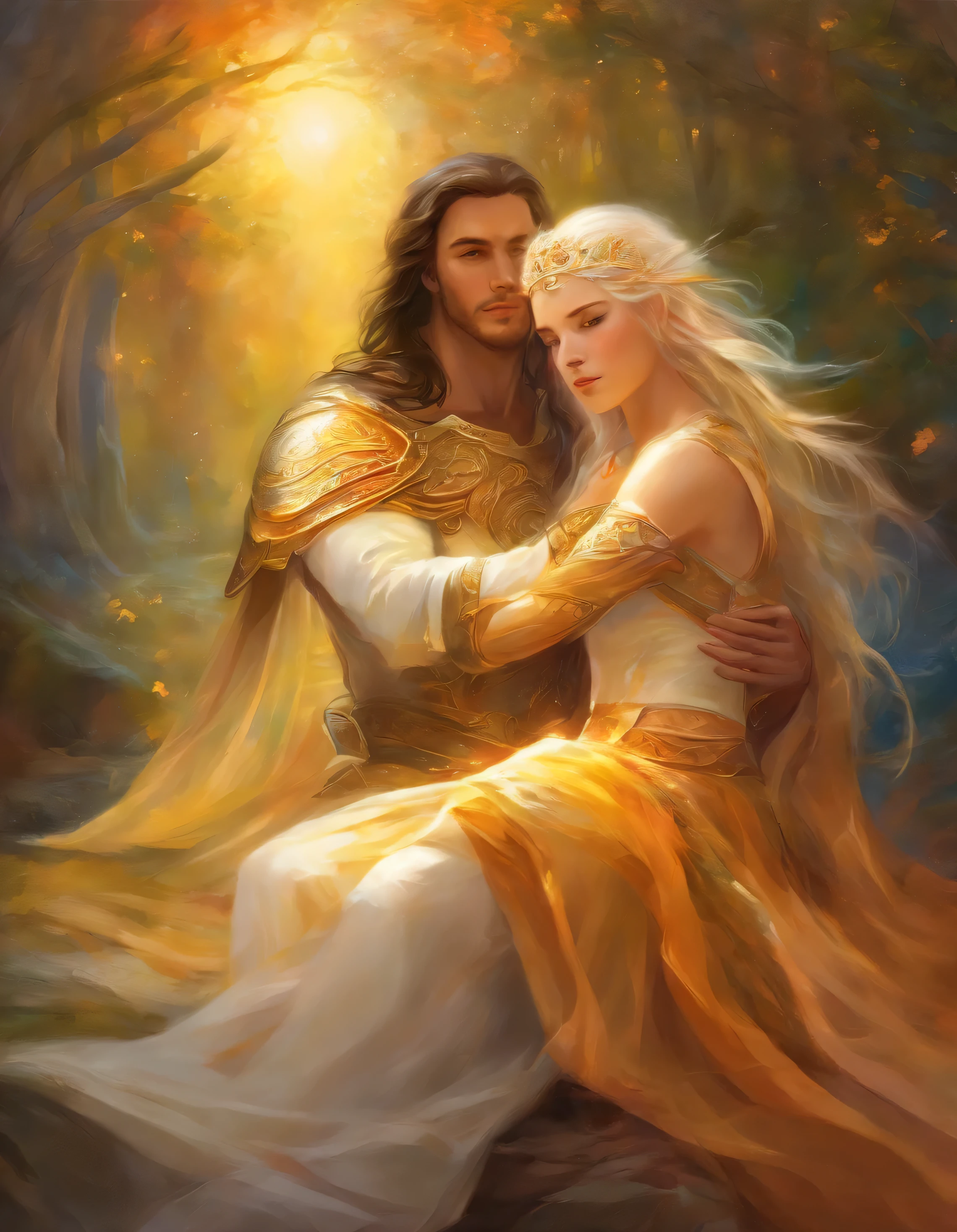 A captivating painting of a fantasy paladin, dressed in shining armor, tenderly embracing a young injured woman. The woman has long, flowing hair and a gentle expression, with a bandage on her forehead indicating her injury. The background is filled with vibrant hues and golden sunlight, creating an atmosphere of hope and healing., vibrant, painting