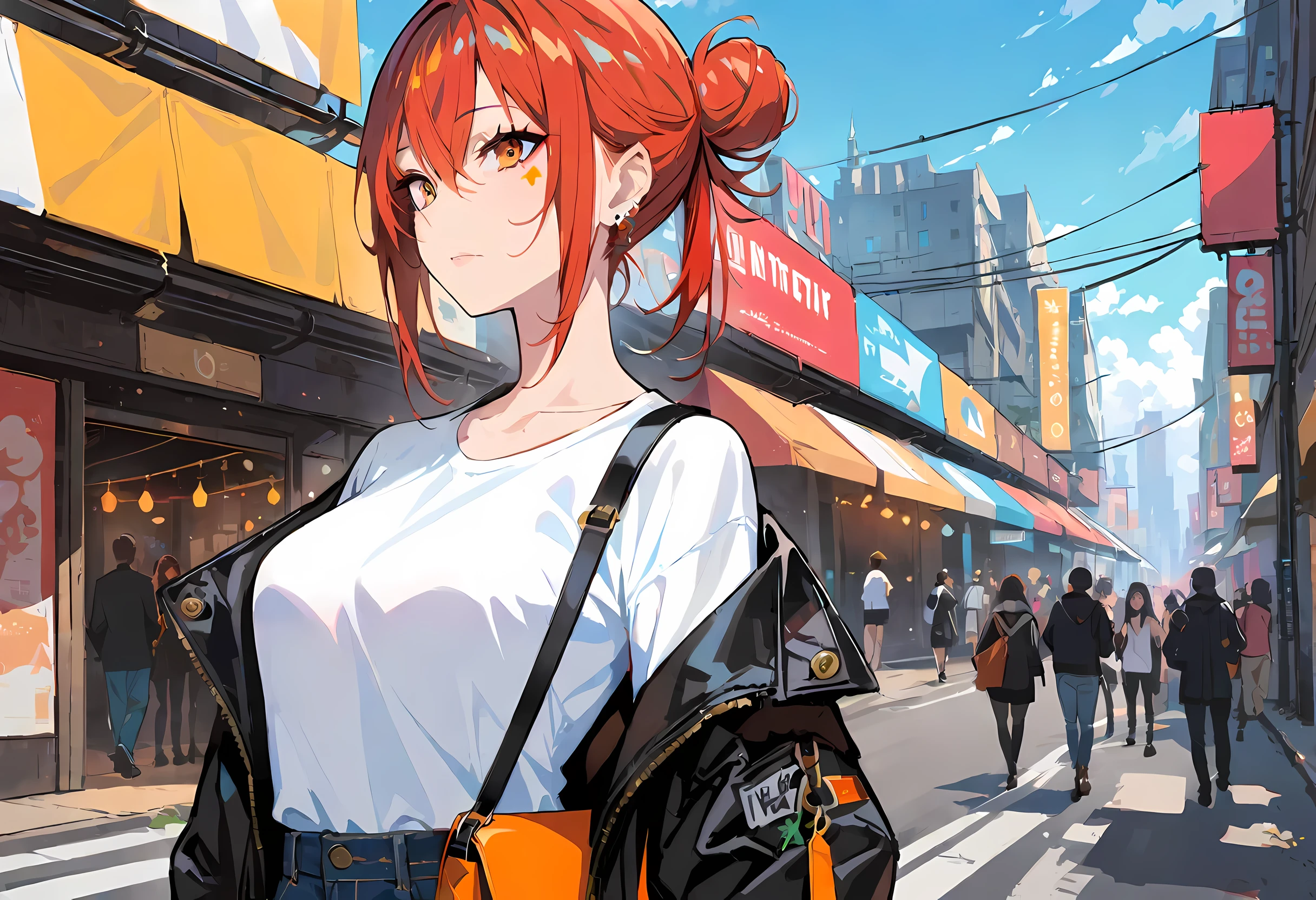 (masterpiece:1.2, best quality), 1 lady, alone, Upper body, big , A chic and edgy leather jacket paired with a white T-shirt and distressed jeans, simple makeup and a messy bun,Confident and relaxed (music festival or trendy city center neighborhood) Statement sunglasses and chunky jewelry, Comes with crossbody bag,easy to carry
