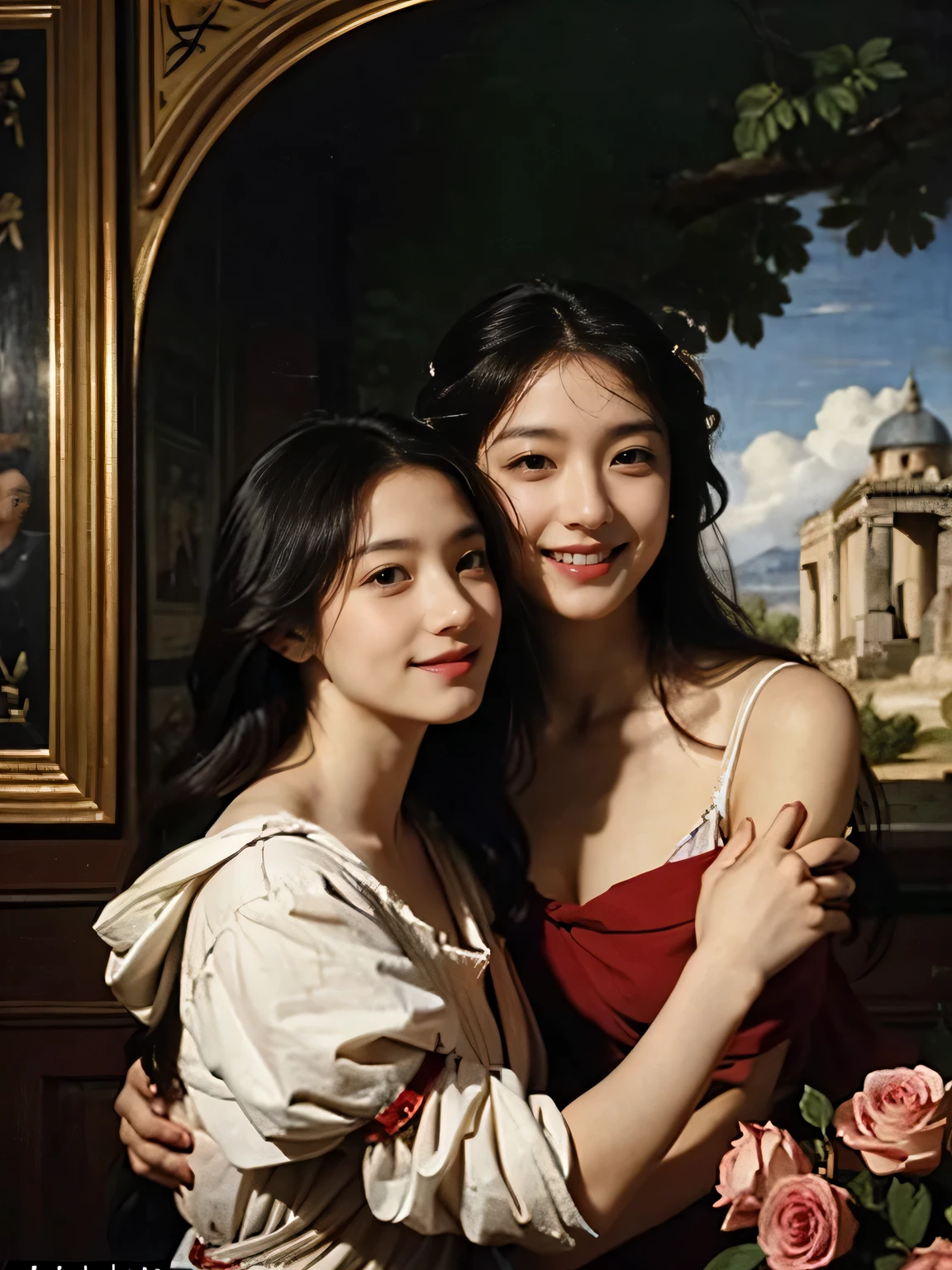 Giorgione painting style,Arguments of two female Philosophe,math、astronomical machine、astronaut、roses in vase、fruits、Cute trinkets、smile、ancient greek costume、Ancient Roman landscape in the style of Nicolas Poussin,laughter,,Sweet and seductive appearance.、Caravaggio's paintings、Chiaroscuro of Caravaggio、hair tousled by the wind,Two women frolicking,cute smile, expression of ecstasy,Sexy,erotic