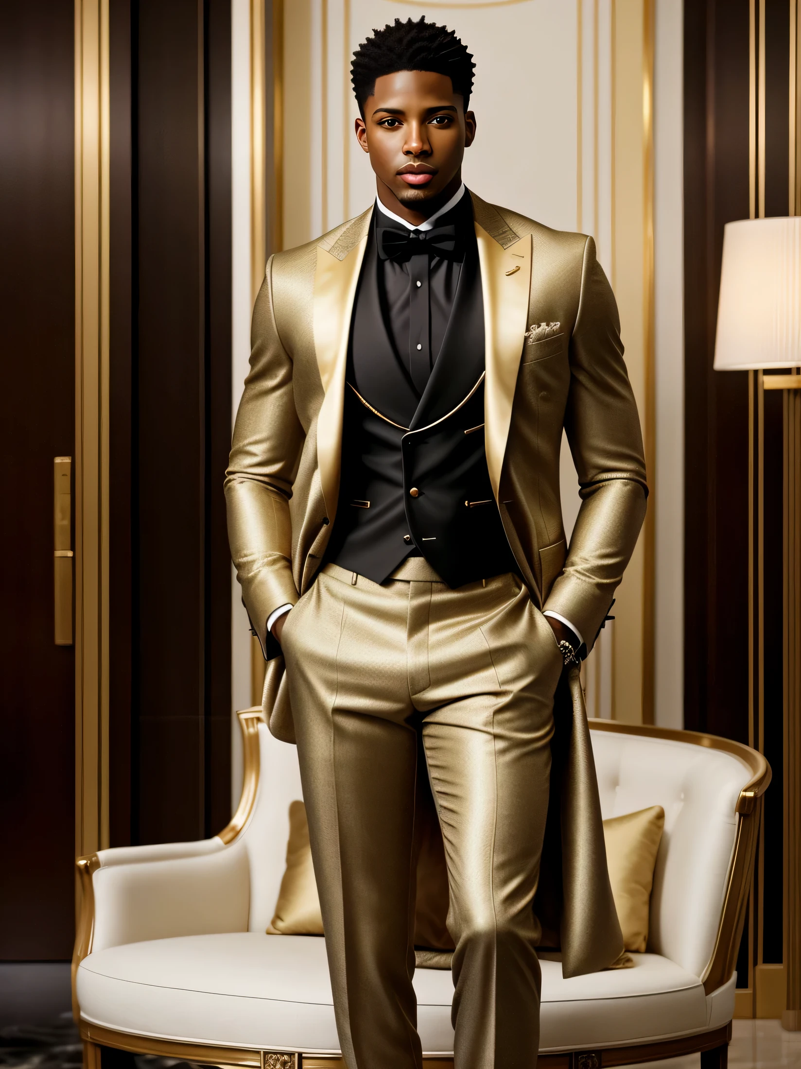 Realistic masterpiece of a young African American man, Marcus Johnson, captured in the refined elegance of a luxury hotel. His well-proportioned figure is highlighted by a tailored suit, expressing understated sophistication. In the opulent lobby, Marcus stands confidently, his gaze capturing the grandeur of the place. The soft light accentuates her golden skin and sparkling hazel eyes, adding a touch of charm to the whole look. Marcus' presence in this chic setting evokes a world of luxury and elegance, reflecting his taste for refinement and his graceful stature.