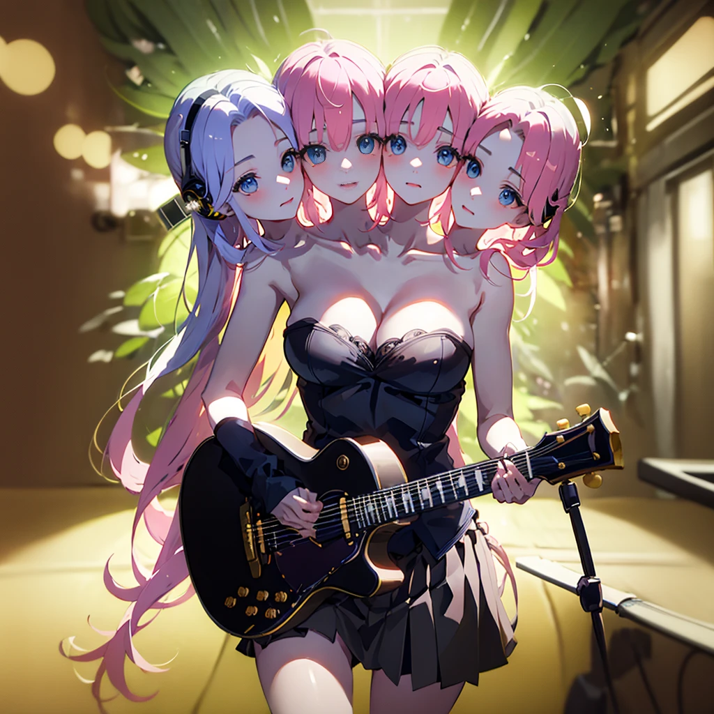 [[[[[[[[kacyu, as109]]]]]]]], (masterpiece, best quality), best resolution, (3heads:1.5), (three heads), 1girl, conjoined, solo, black skirt, blue eyes, electric guitar, guitar, headphones, holding, holding plectrum, instrument, long hair, , music, one side up, pink hair, playing guiter, pleated skirt, black shirt, indoors，((three heads, 3head):1.5)，masterpiece, illustration, beautiful, 4k, 8k,