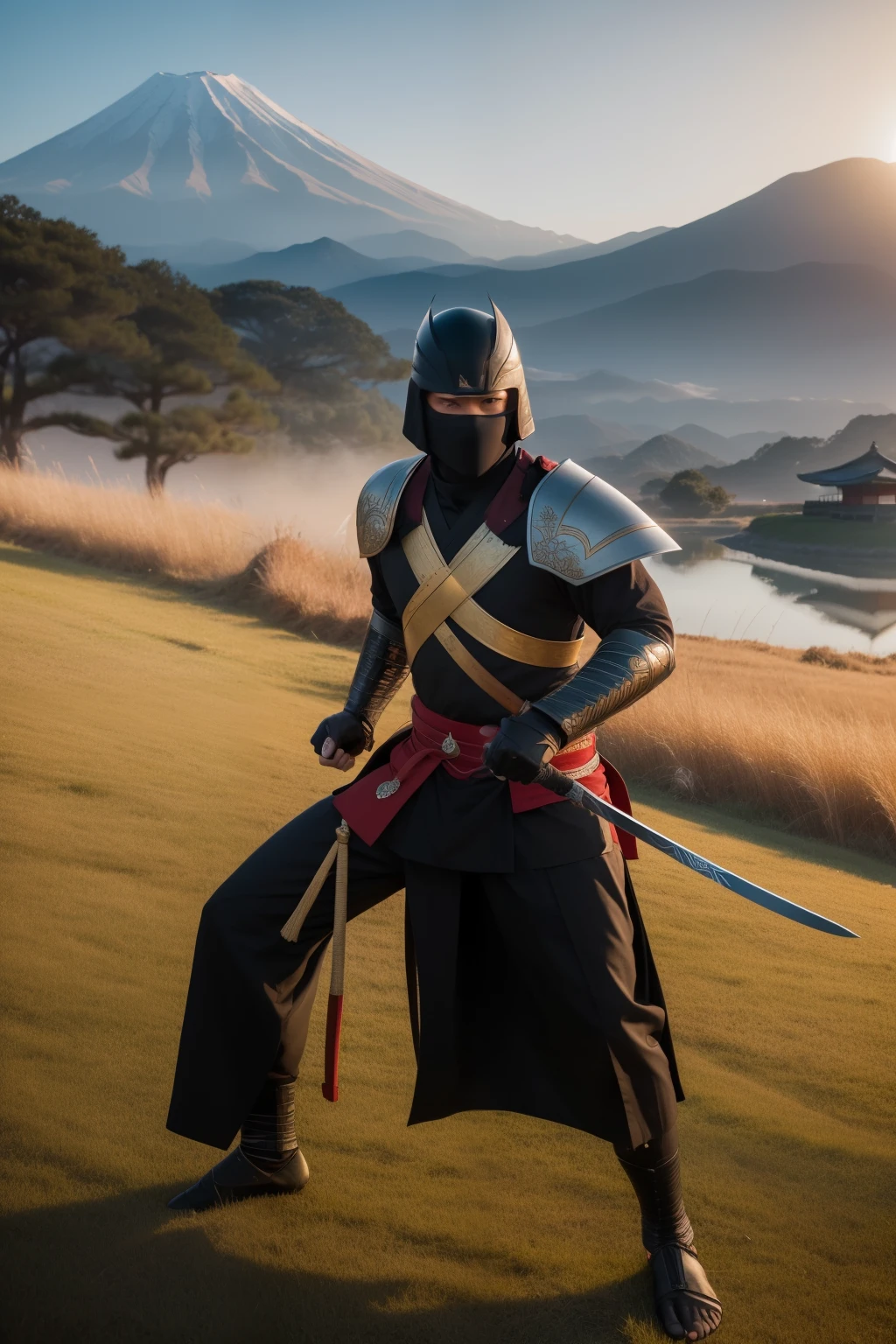 Amidst the tranquil sunset, a ninja, clad in traditional black attire with subtle hints of red and silver, blends seamlessly with the grassy background. His face, veiled by the legendary mask, is a study in intense focus and stealth. Beside him, a samurai stands proudly, his armor reflecting the golden hues of the sunset, signifying strength and honor. The crisp air resonates with the sound of their swords clashing, a dance of combat against the serene backdrop of a Japanese landscape. The grass, kissed by the sun's last rays, sways gently, creating a captivating juxtaposition between the