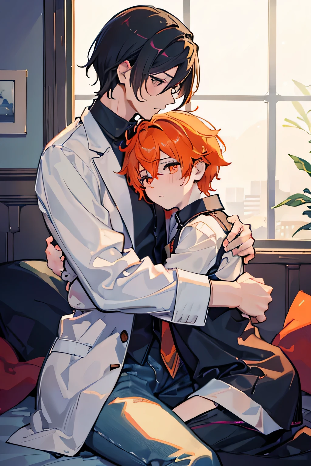 ((best quality)), ((masterpiece)), (detailed), perfect face, 2 boys, gay couple, one boy with dark black hair and dark brown eyes and is tall and handsome, looks fierce and bold, tsundere, very tall, hot and other boy has orange hair and orange eyes and is cute adorable and is bubbly and shorter, short height, baby face, blushing looks like innocent and shy, they are in love, angst romance, gay couple, bl couple, yaoi, 4k ultra anime quality, anime ARTSTYLE, bl yaoi, hugging, 4k anime art style, cute, angst, angsty environment