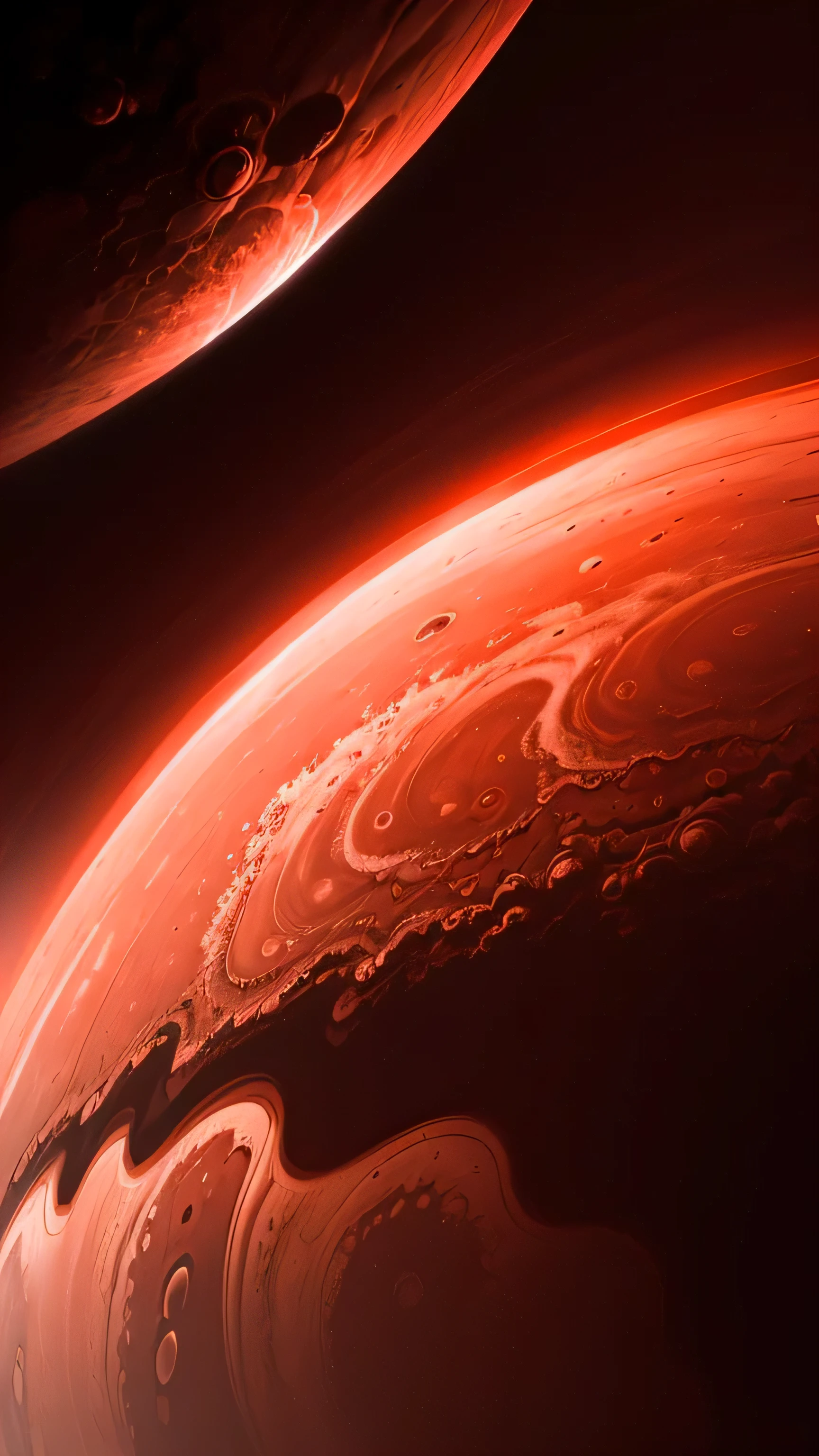 giant red storm on the surface of jupiter, seen from the planet mars