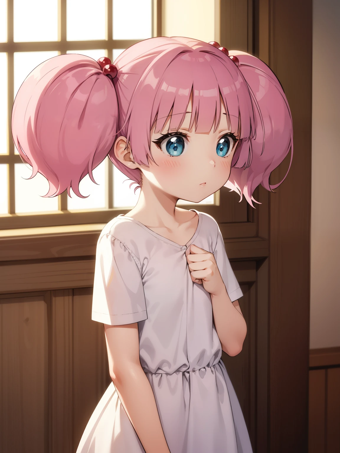 masterpiece, highest quality, very detailed, girl,twin tails, pink hair, hair ornaments,hair bobble, blue eyes,indoors,pussy
